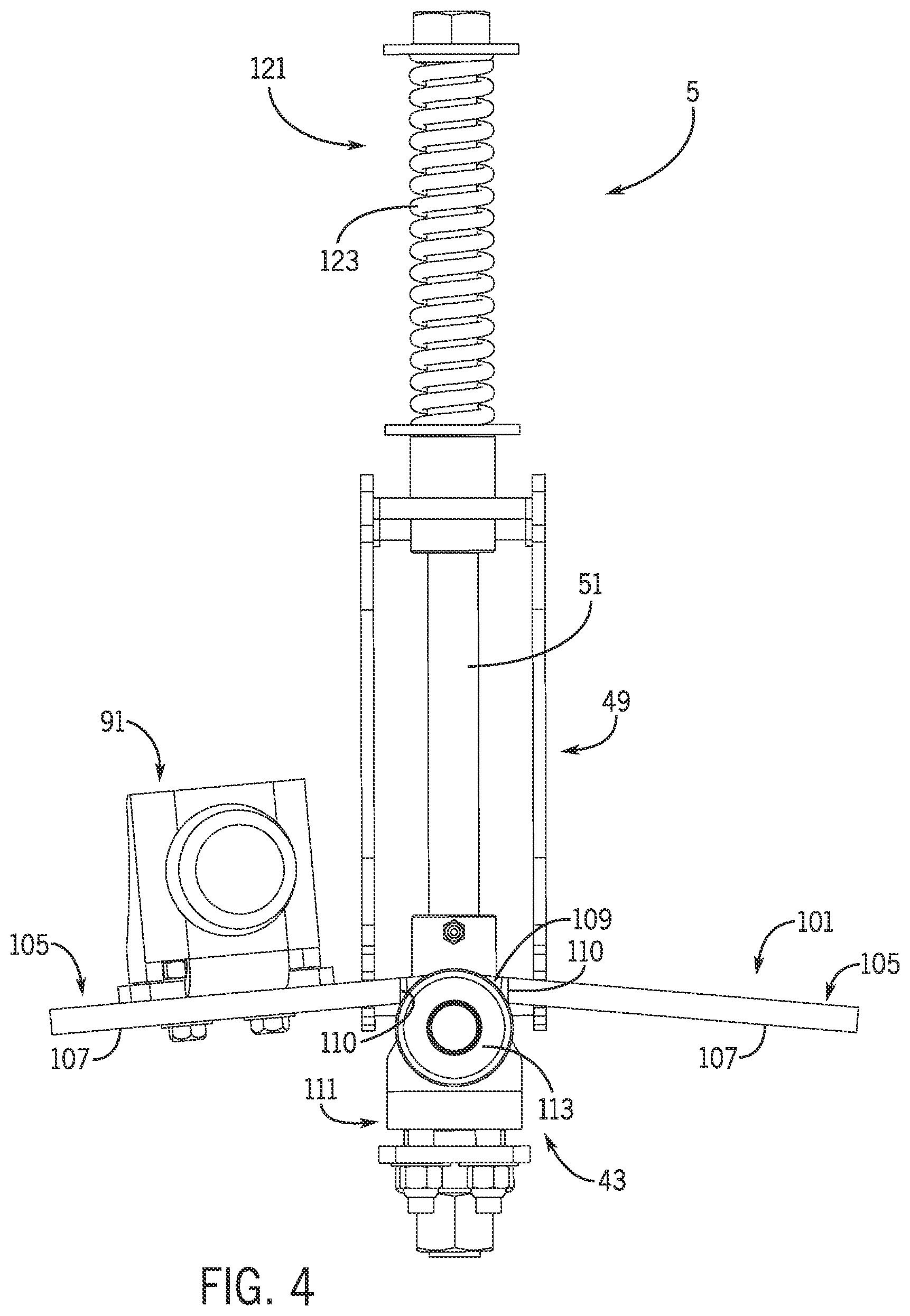 Patent US12302893 Figure 4 – Sprayer boom breakaway joint with a staged release and forced lift system