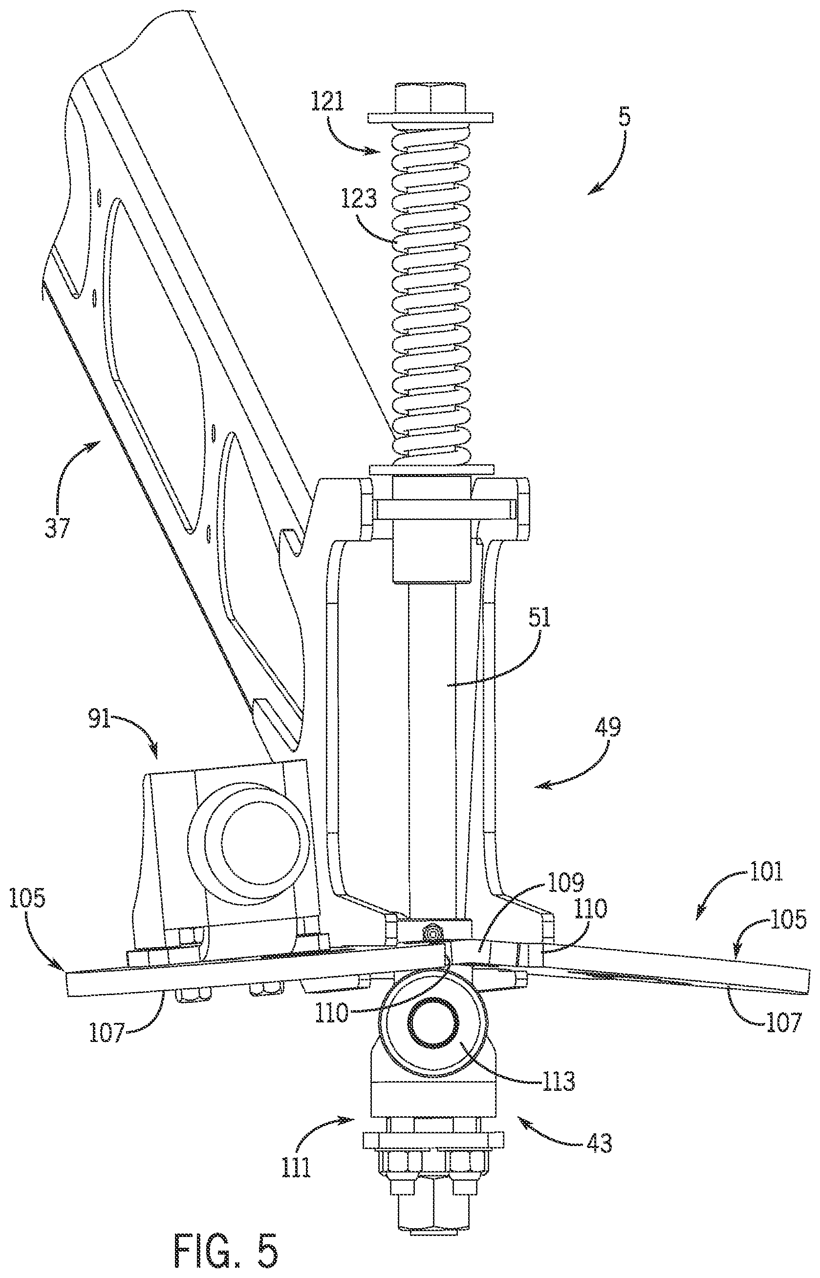 Patent US12302893 Figure 5 – Sprayer boom breakaway joint with a staged release and forced lift system