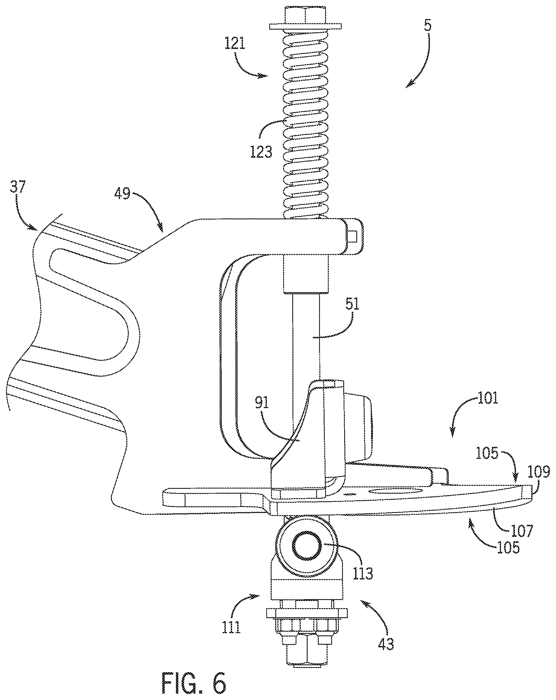 Patent US12302893 Figure 6 – Sprayer boom breakaway joint with a staged release and forced lift system