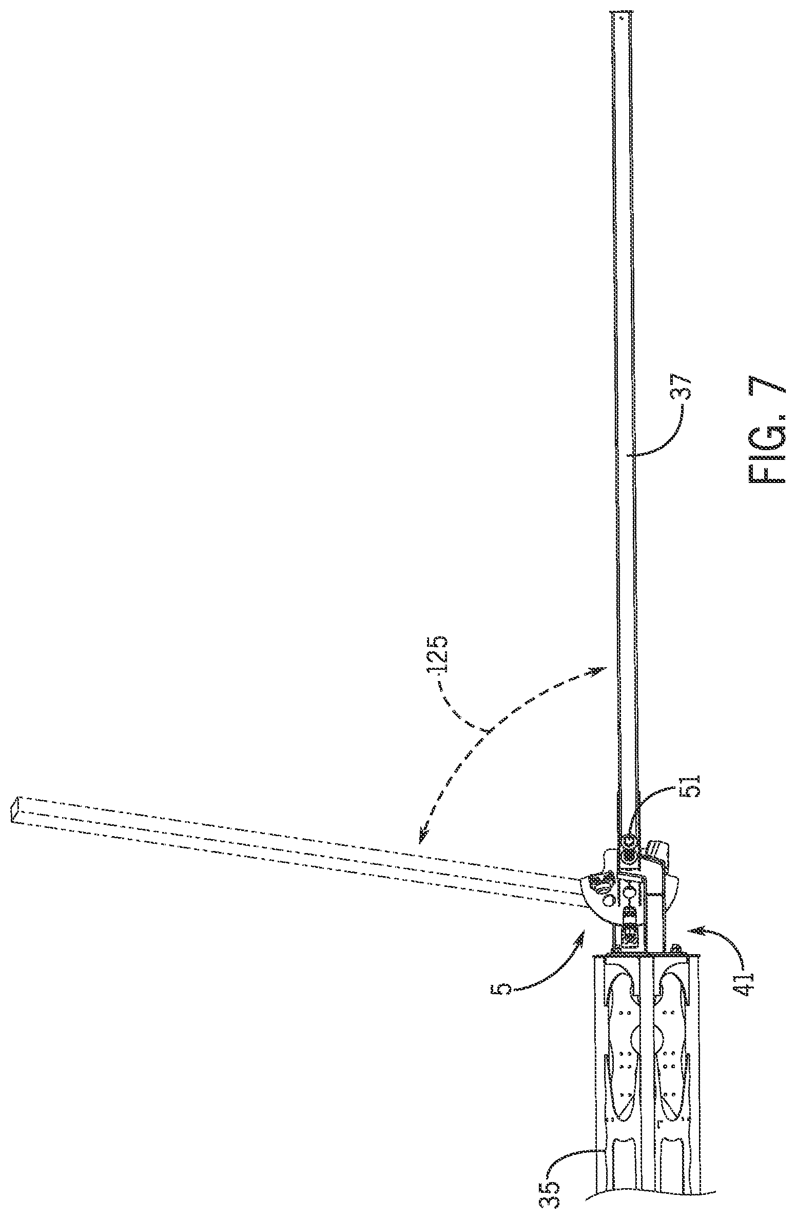 Patent US12302893 Figure 7 – Sprayer boom breakaway joint with a staged release and forced lift system