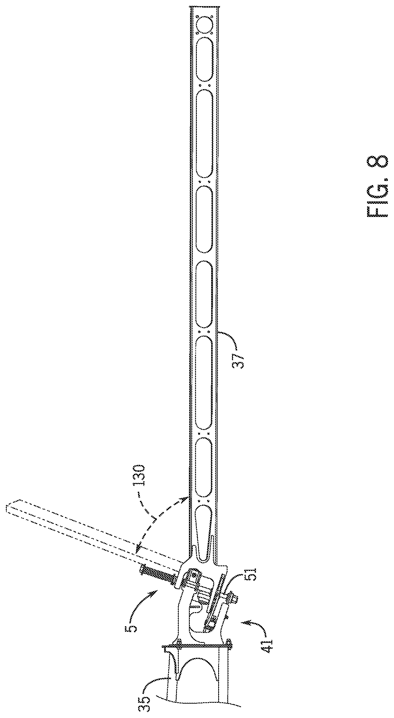 Patent US12302893 Figure 8 – Sprayer boom breakaway joint with a staged release and forced lift system
