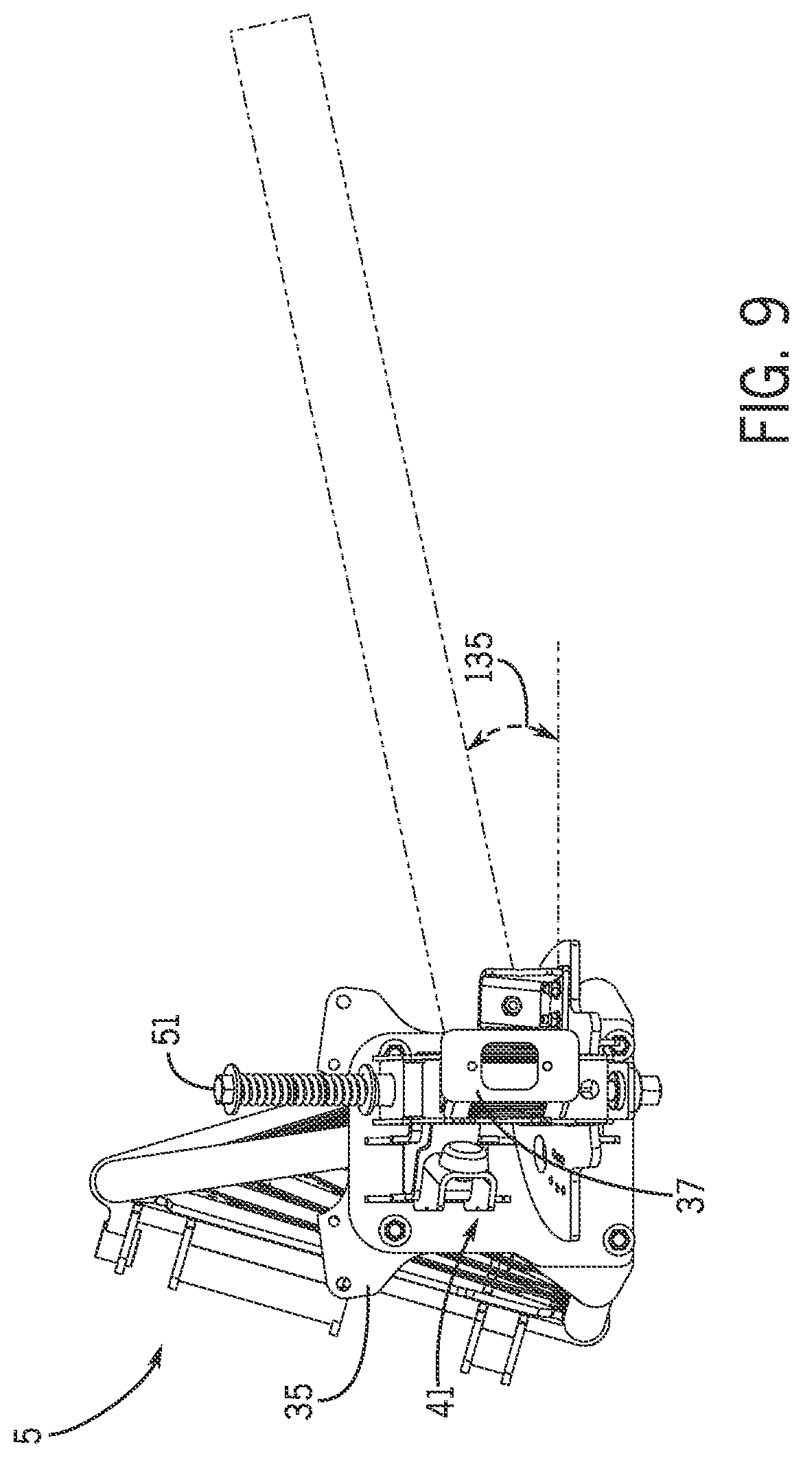 Patent US12302893 Figure 9 – Sprayer boom breakaway joint with a staged release and forced lift system