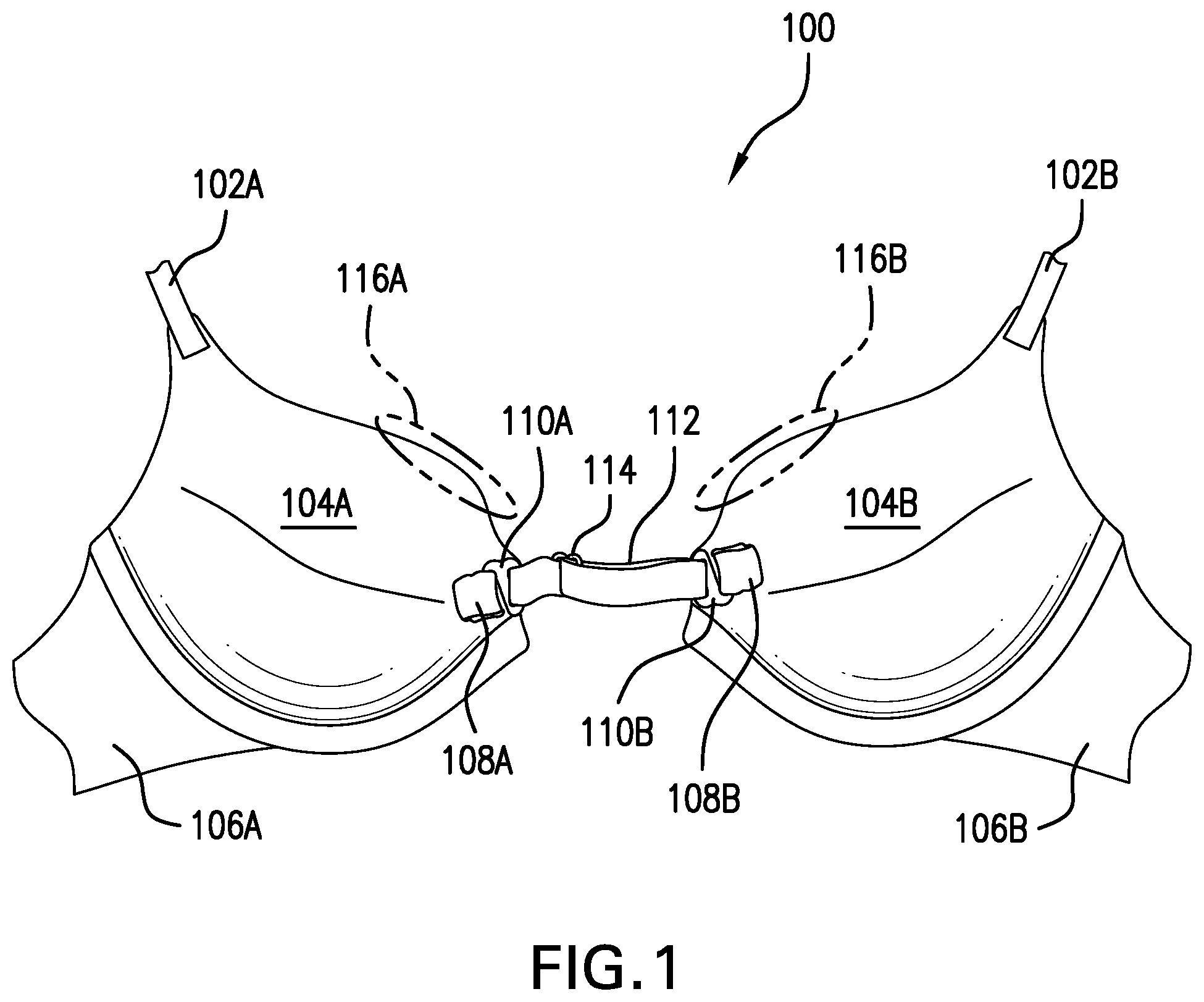Patent US12302956 Figure 1 – Adjustable double padded bra having a fixation mechanism