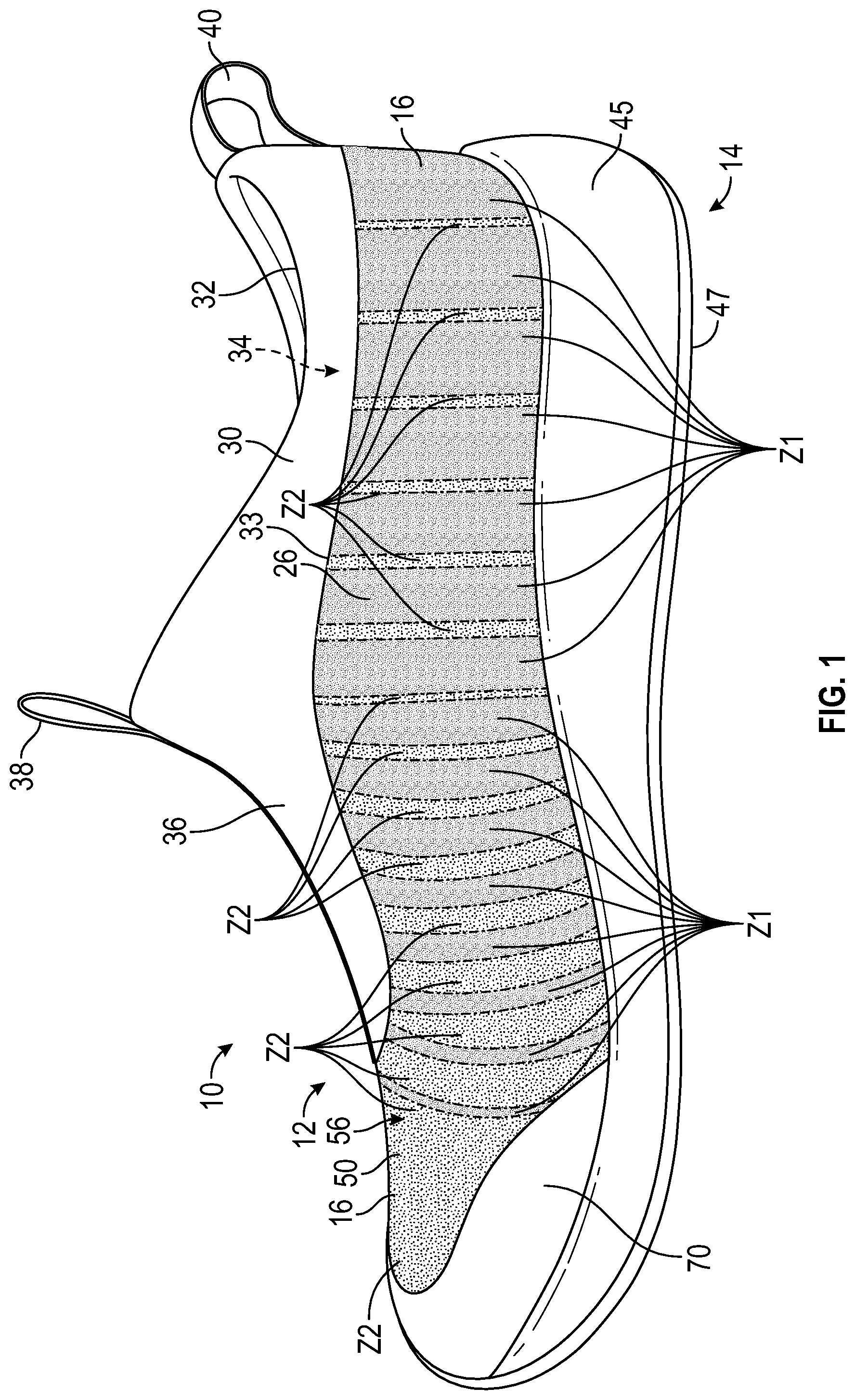Patent US12302979 Figure 1 – Footwear upper having a unitary knit structure and method of manufacturing