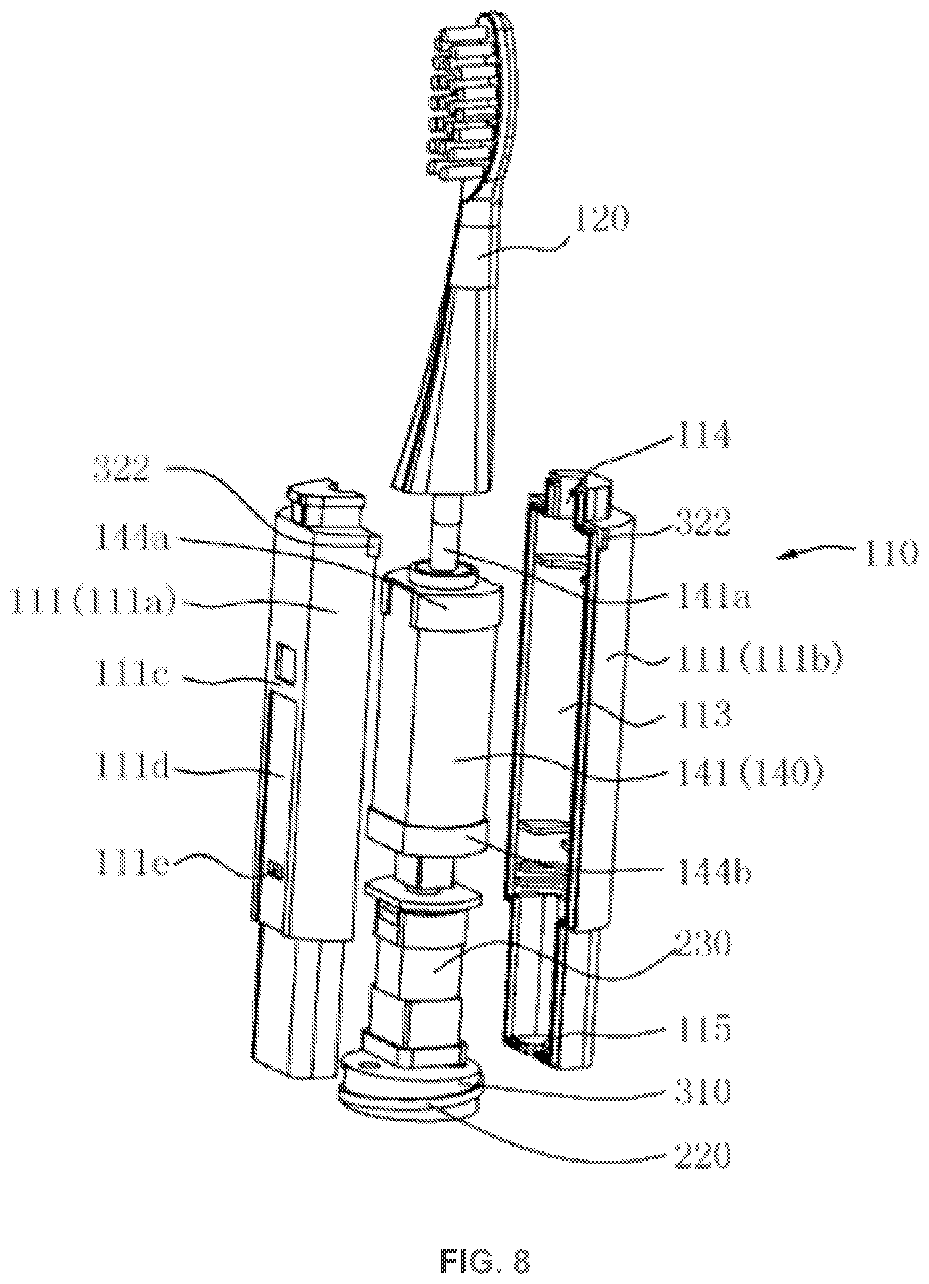 Patent US12303016 Figure 8 – Disinfection device and toothbrush