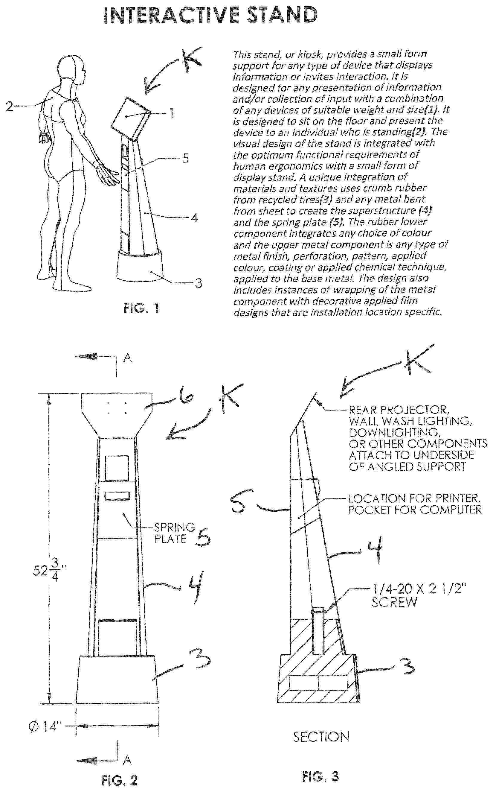 Patent US12303023 Figure 1 – Small form floor standing kiosk for interactive technology devices