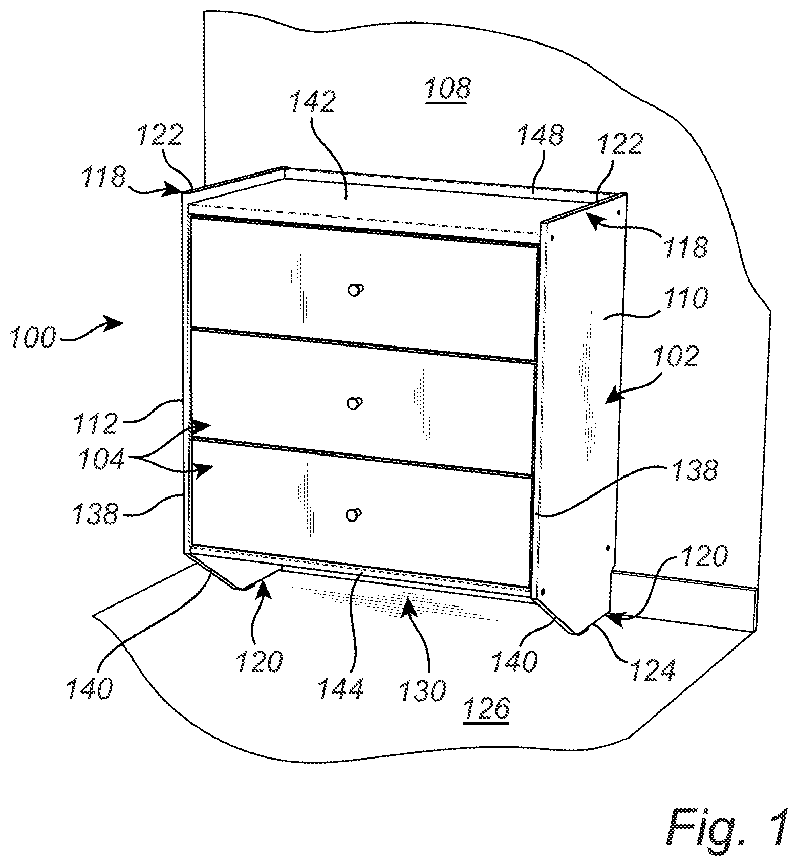Patent US12303027 Figure 1 – Storage furniture with tip-over prevention mechanism