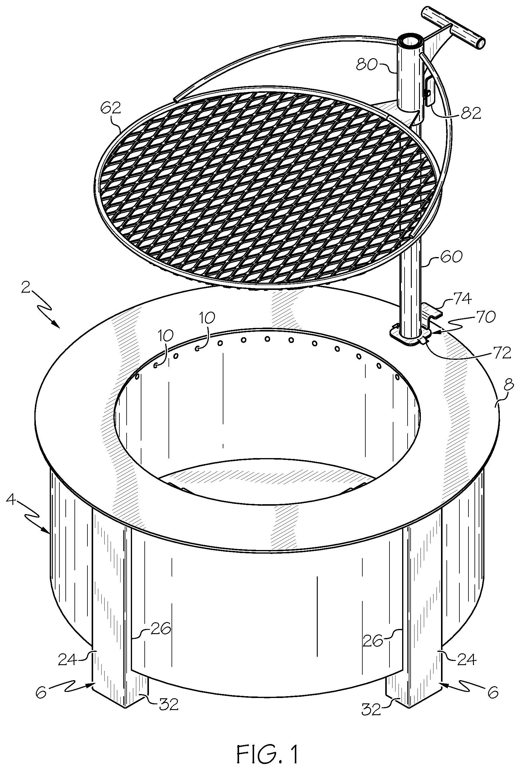 Patent US12303068 Figure 1 – Outdoor fire pit and post holder