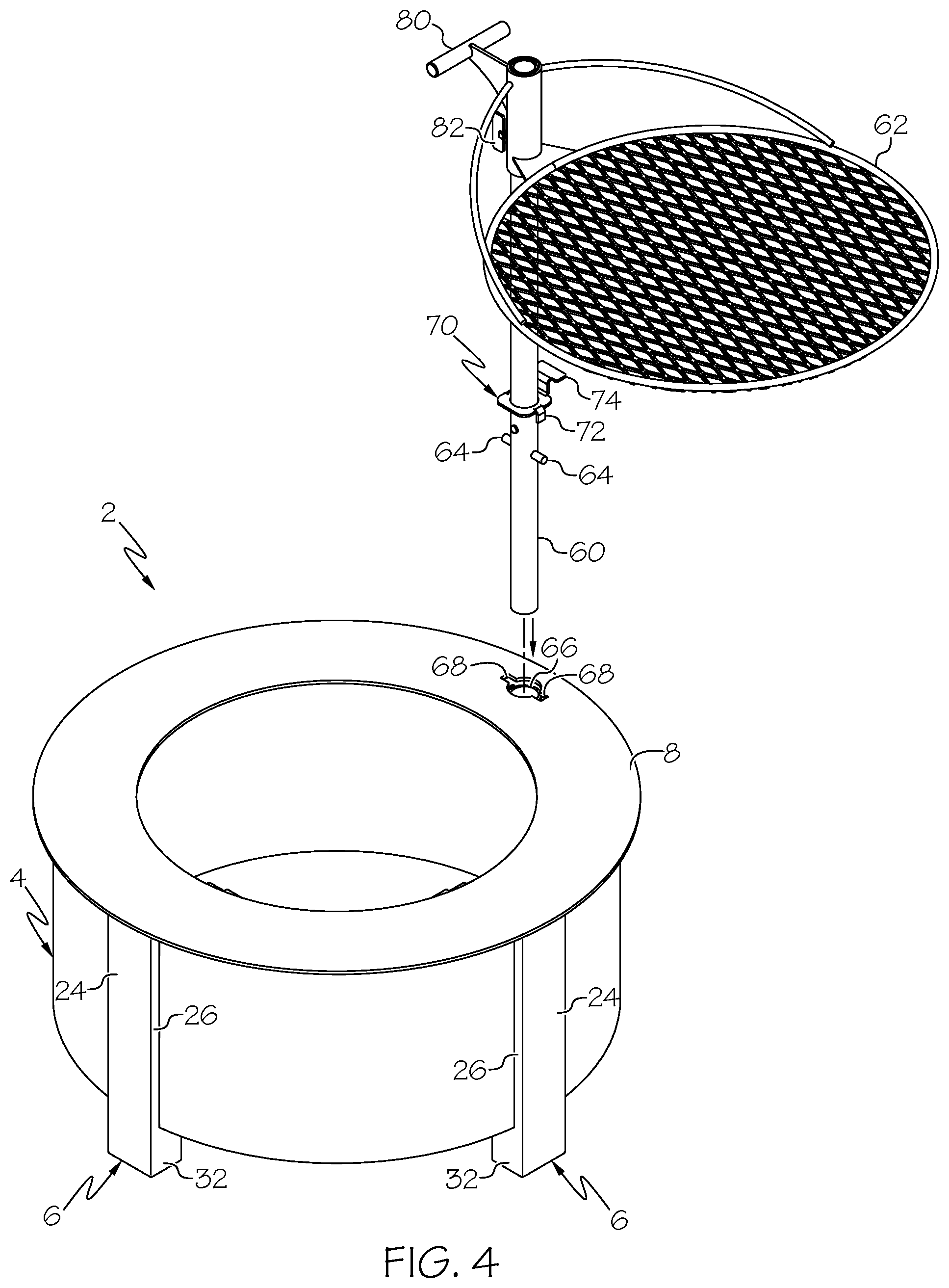 Patent US12303068 Figure 4 – Outdoor fire pit and post holder