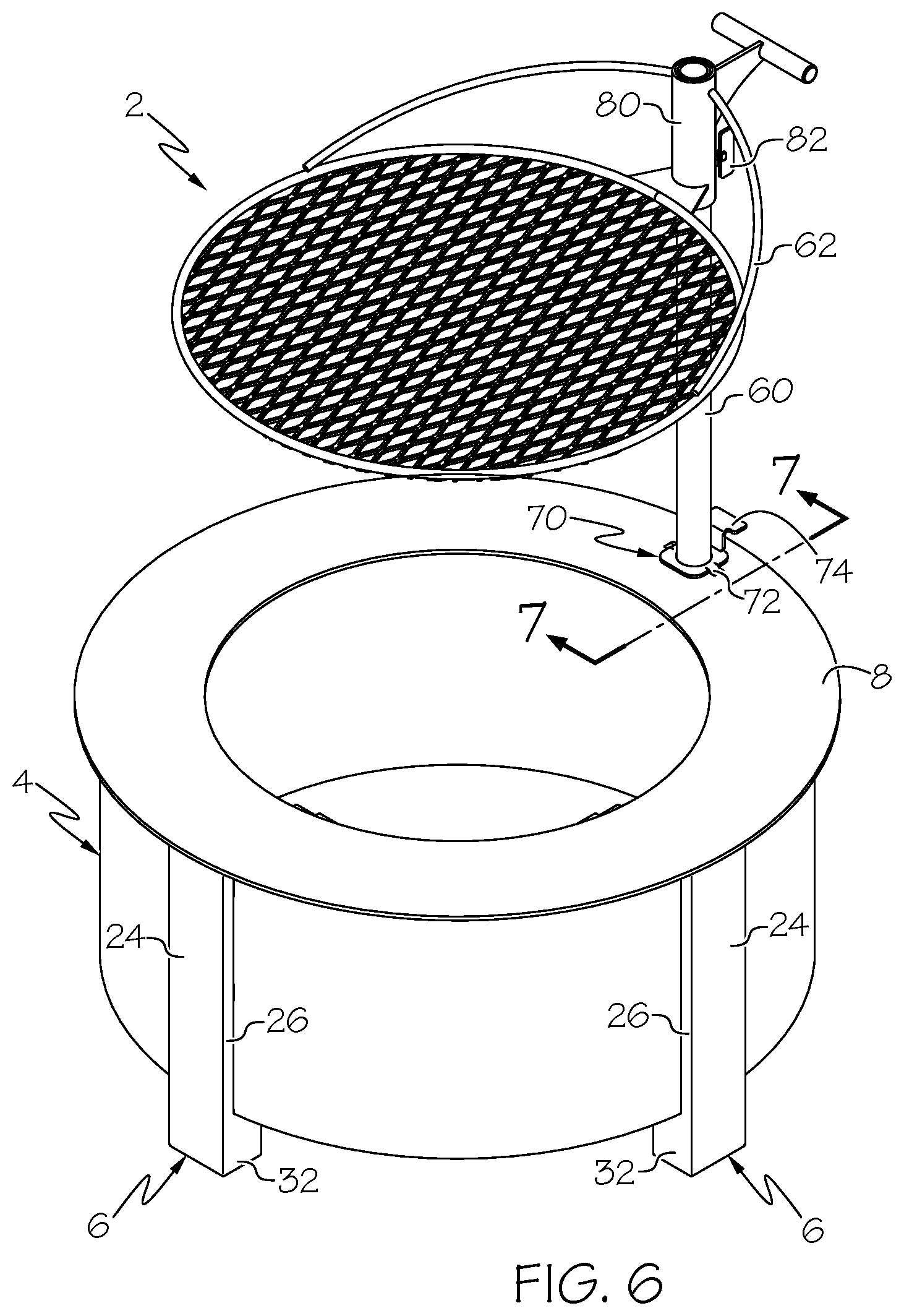 Patent US12303068 Figure 6 – Outdoor fire pit and post holder