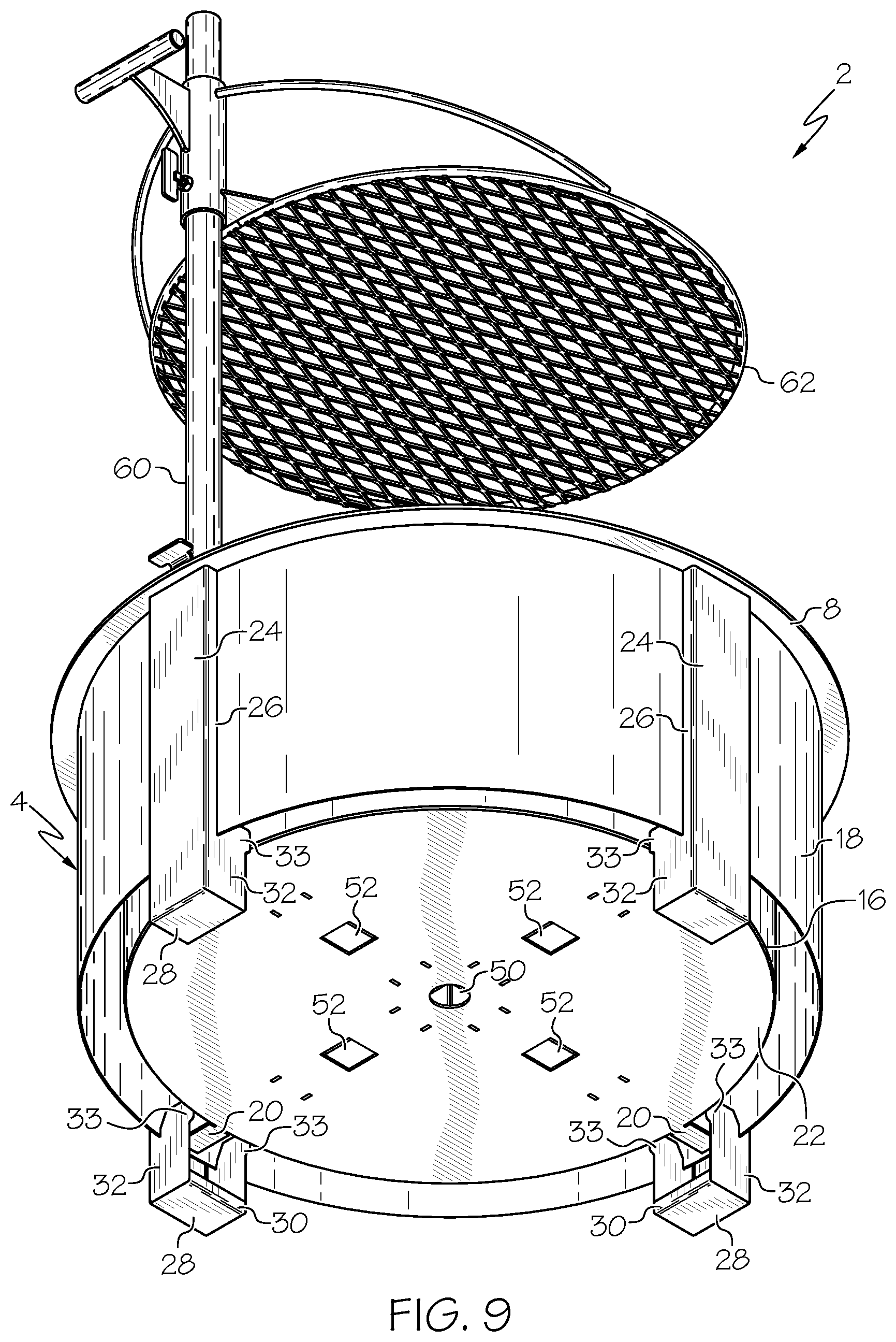 Patent US12303068 Figure 9 – Outdoor fire pit and post holder