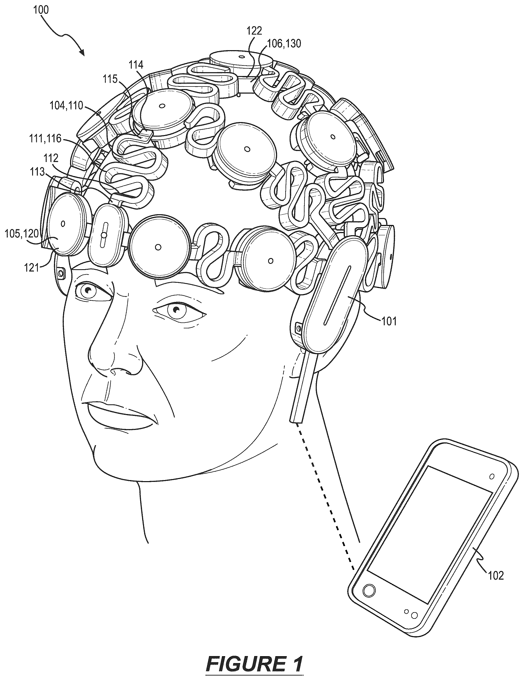 Patent US12303282 Figure 1 – Flexible electroencephalography headset