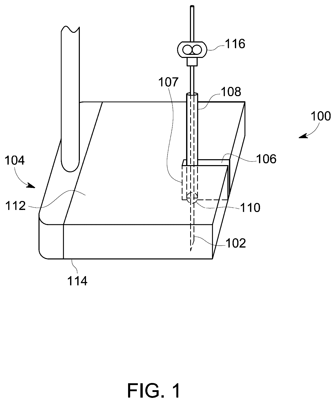 Patent US12303321 Figure 1 – Ultrasound probe with an integrated needle assembly and a computer program product, a method and a system for providing a path for inserting a needle of the ultrasound probe