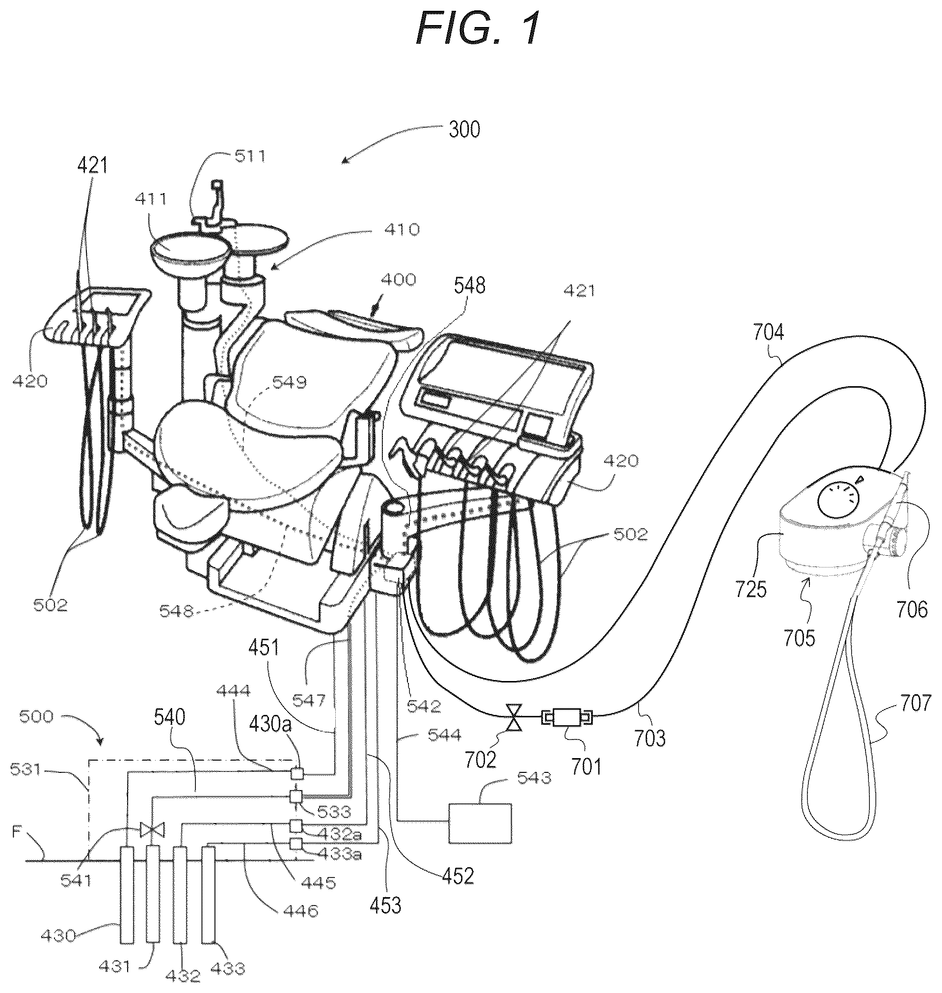 Patent US12303342 — Liquid processing nozzle for purifying liquid piping of dental device — Figure 1