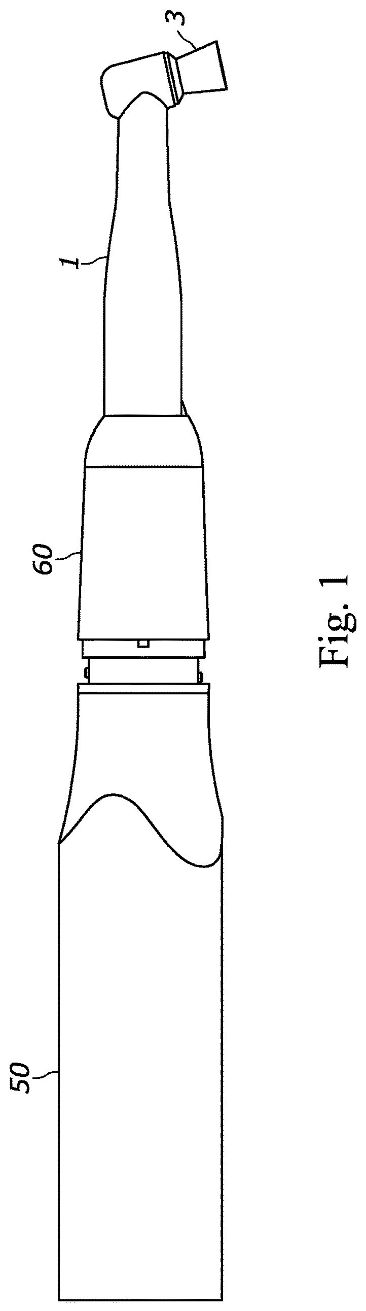 Patent US12303344 Figure 1 – Angled-head rotary cleaning device for dental purposes
