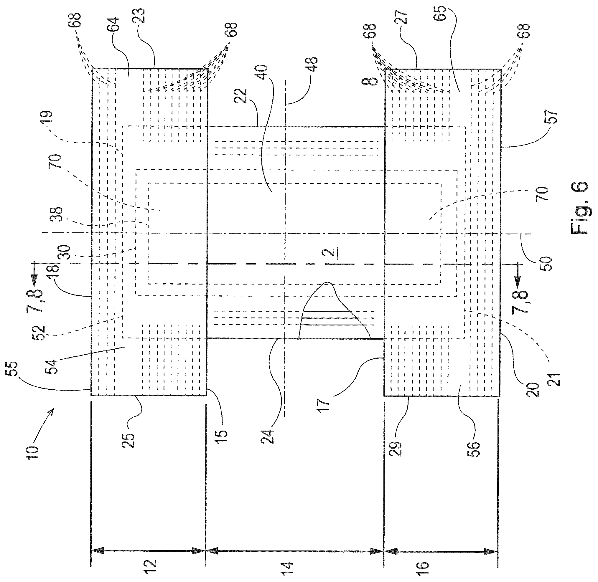 Patent US12303361 Figure 6 – Highly extensible nonwoven webs and absorbent articles having such webs