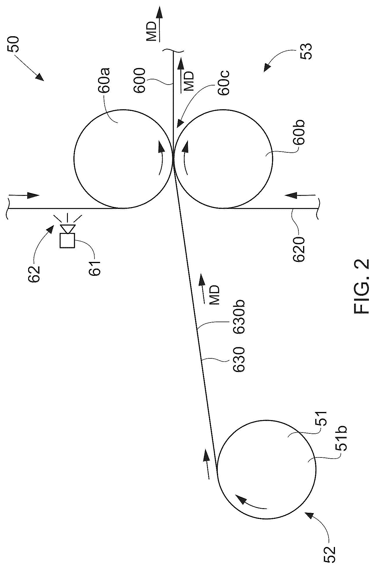Patent US12303366 Figure 2 – Stretch laminate with beamed elastics and formed nonwoven layer