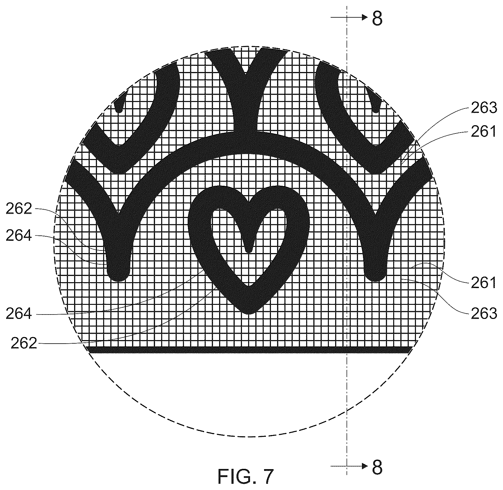 Patent US12303366 Figure 7 – Stretch laminate with beamed elastics and formed nonwoven layer