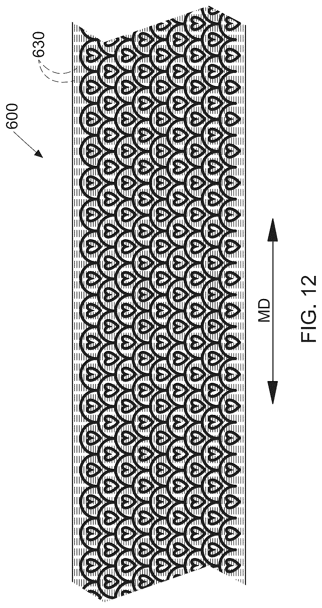 Patent US12303366 Figure 13 – Stretch laminate with beamed elastics and formed nonwoven layer