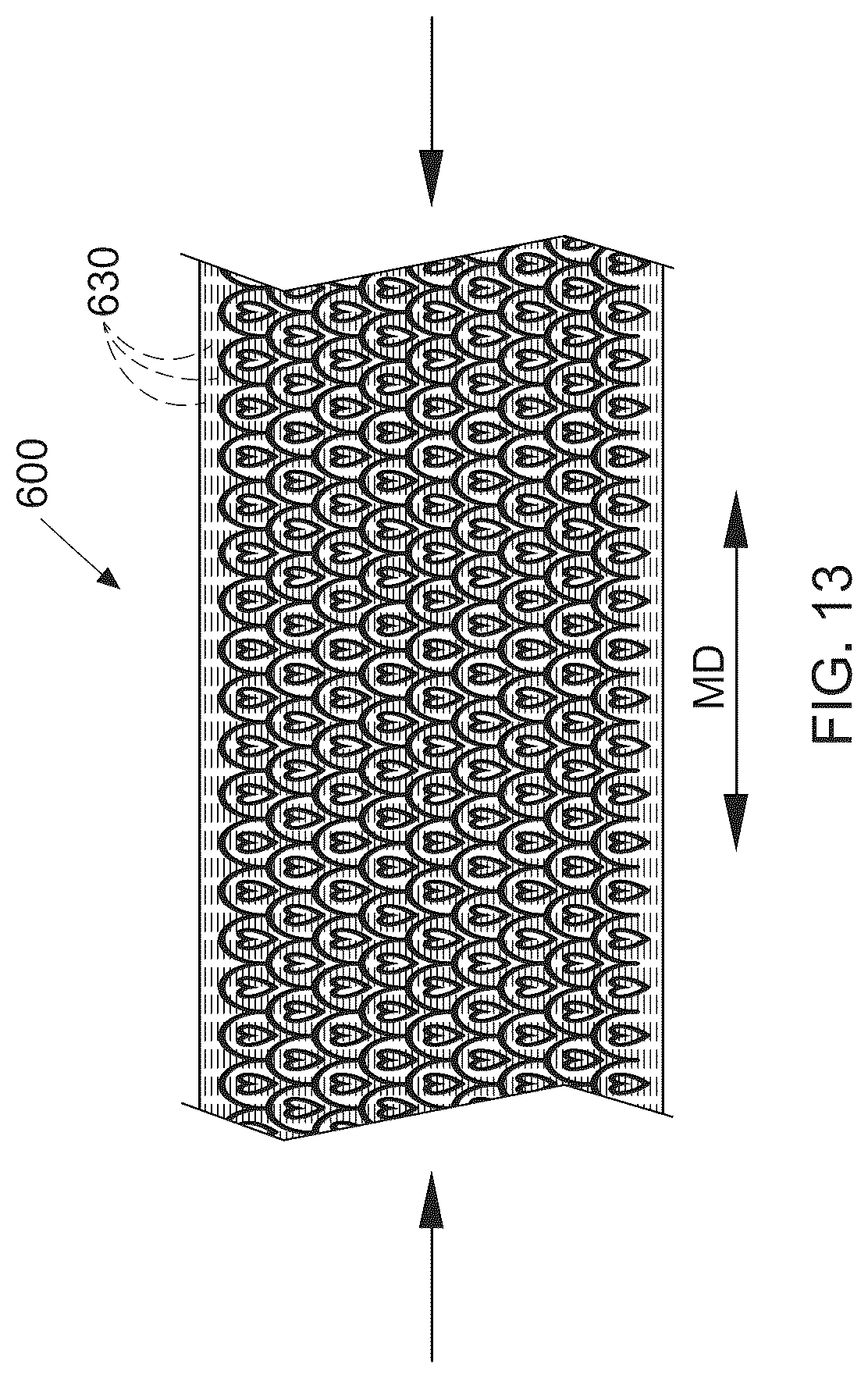 Patent US12303366 Figure 14 – Stretch laminate with beamed elastics and formed nonwoven layer