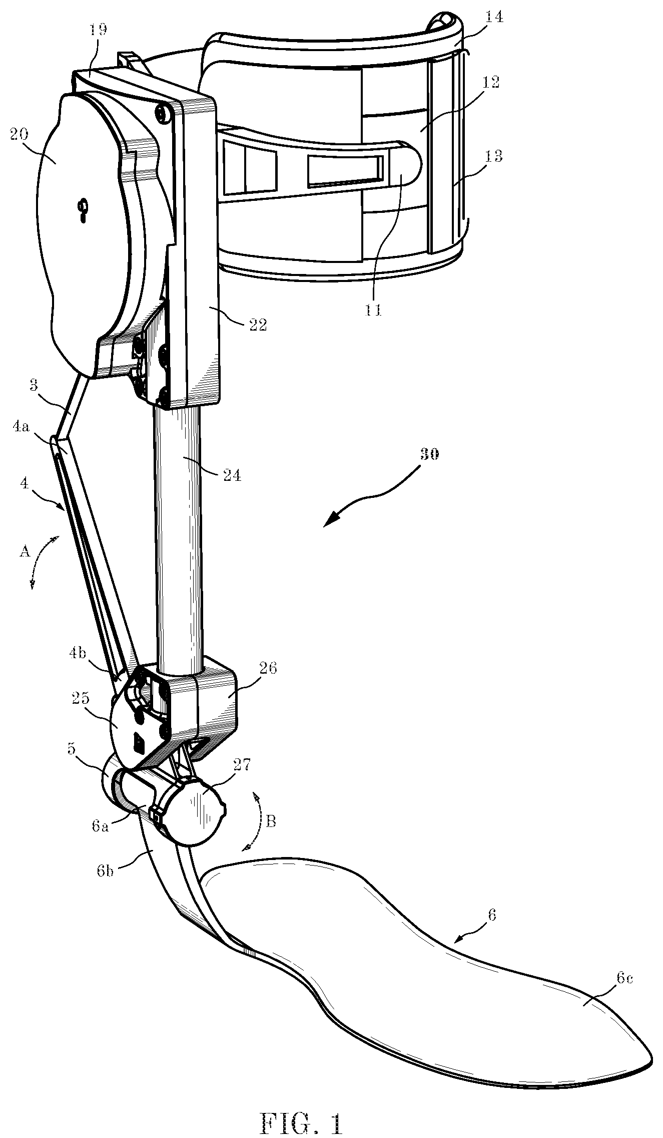 Patent US12303409 Figure 1 – Unidirectional actuated exoskeleton device