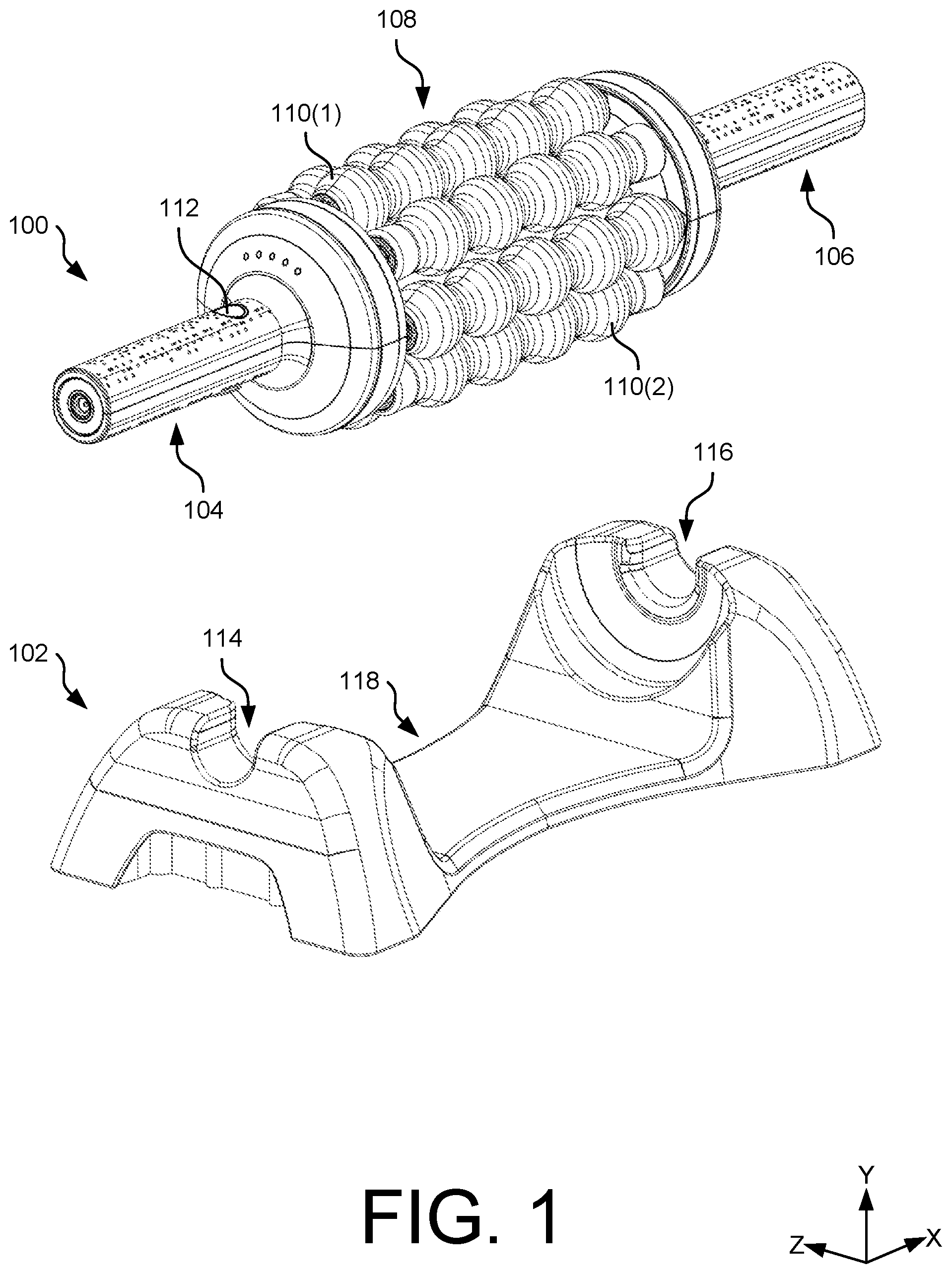 Patent US12303448 Figure 1 – Myofascial device with rotatable assembly