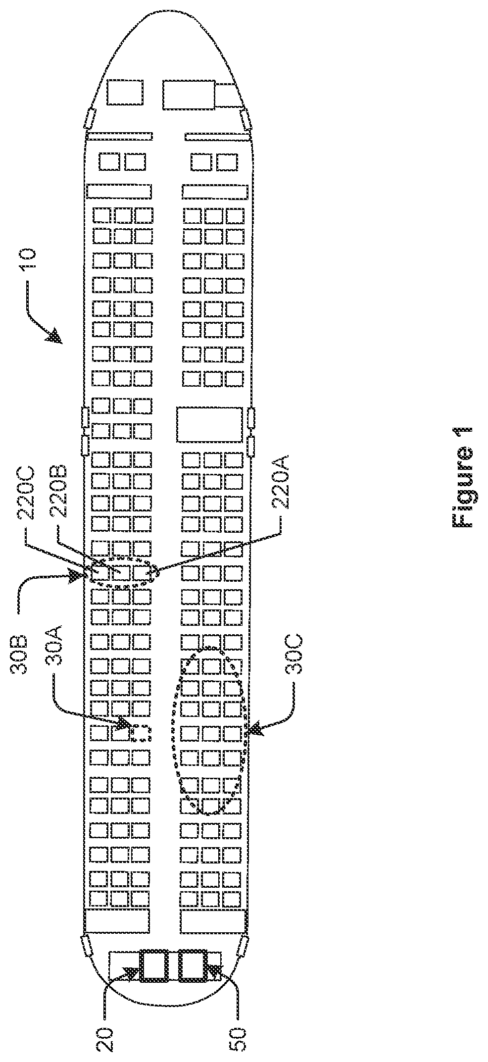 Patent US12303608 Figure 1 – Spaced apart sterilization lights in an aircraft cabin
