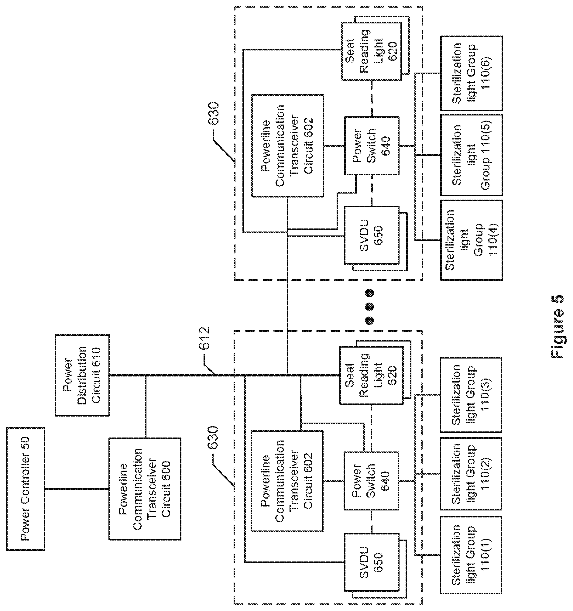 Patent US12303608 Figure 10 – Spaced apart sterilization lights in an aircraft cabin