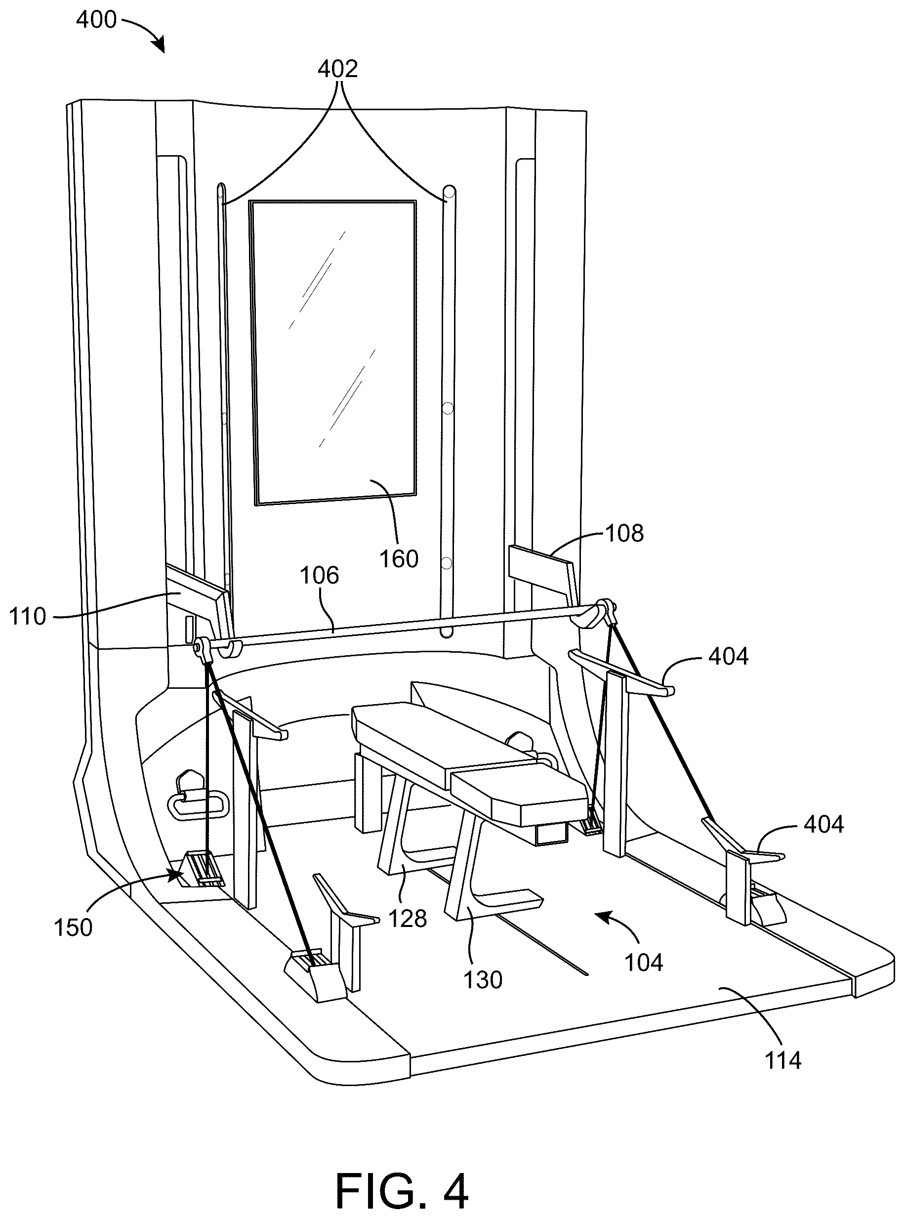Patent US12303736 Figure 4 – Exercise apparatus with integrated bench assembly
