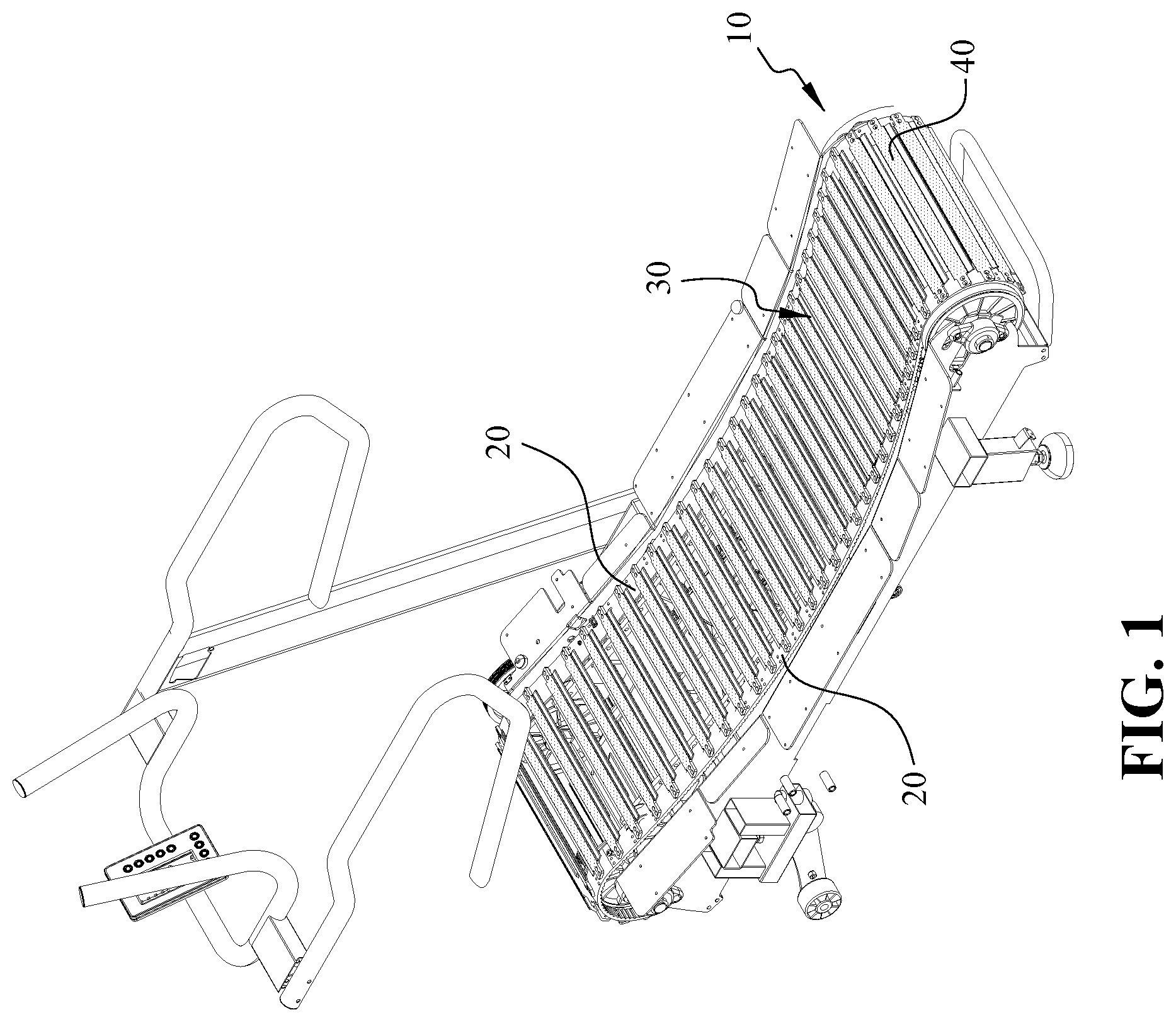 Patent US12303740 Figure 1 – Resistance treadmill with curved running deck