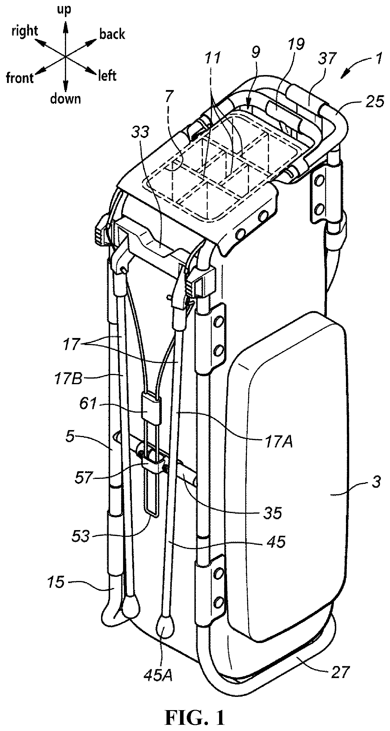 Patent US12303754 Figure 1 – Golf bag and frame for golf bag