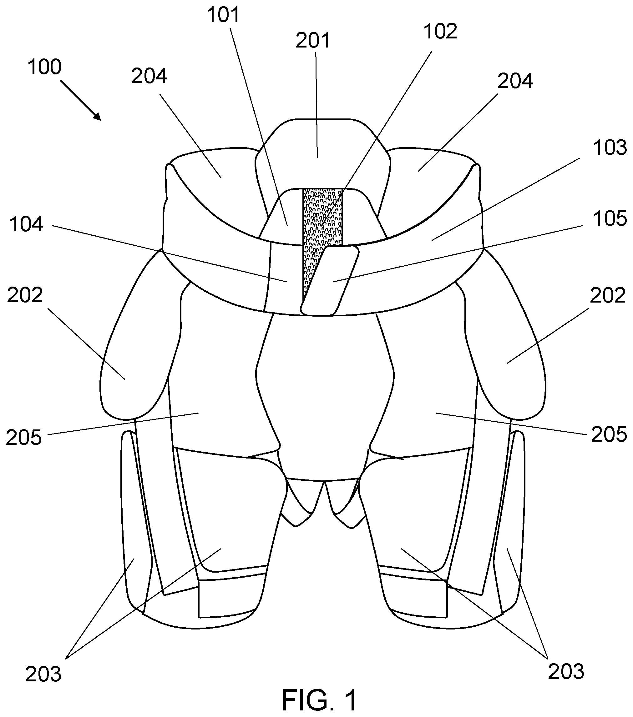 Patent US12303767 Figure 1 – Hockey pants with floating abdominal protection