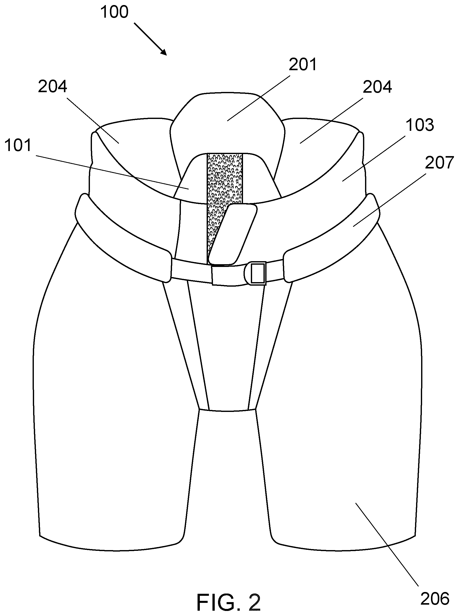 Patent US12303767 Figure 2 – Hockey pants with floating abdominal protection