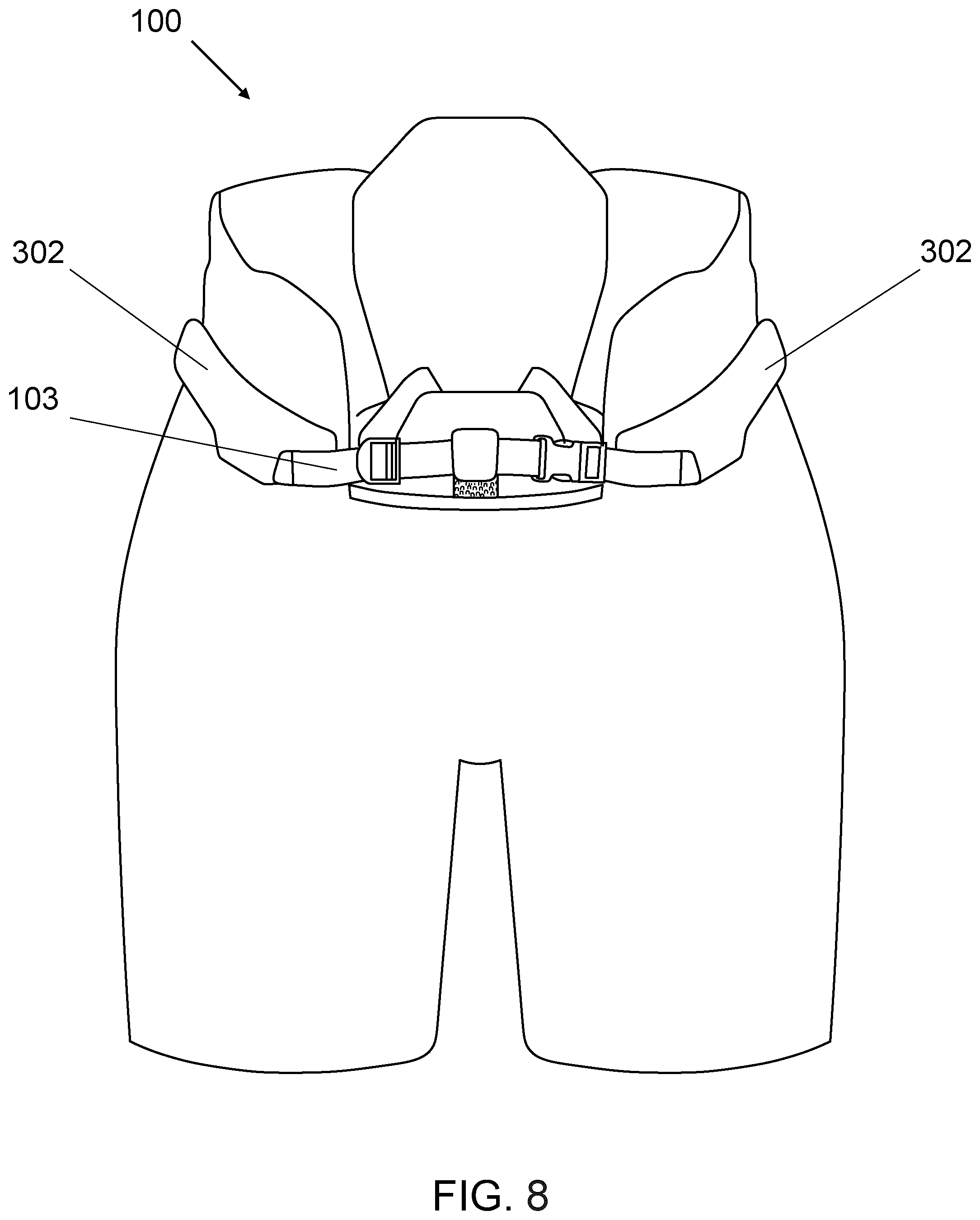 Patent US12303767 Figure 8 – Hockey pants with floating abdominal protection