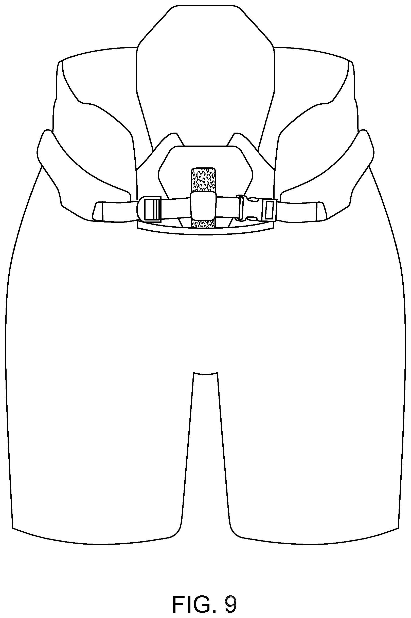 Patent US12303767 Figure 9 – Hockey pants with floating abdominal protection