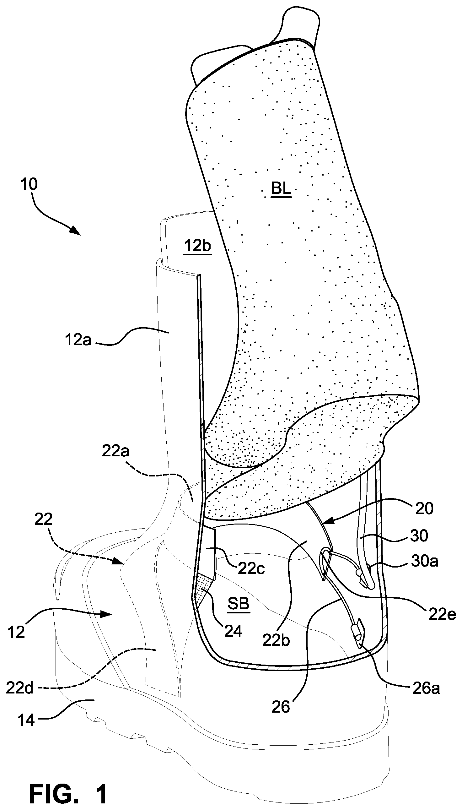 Patent US12303768 Figure 1 – Sports boot with integrated ankle compression system