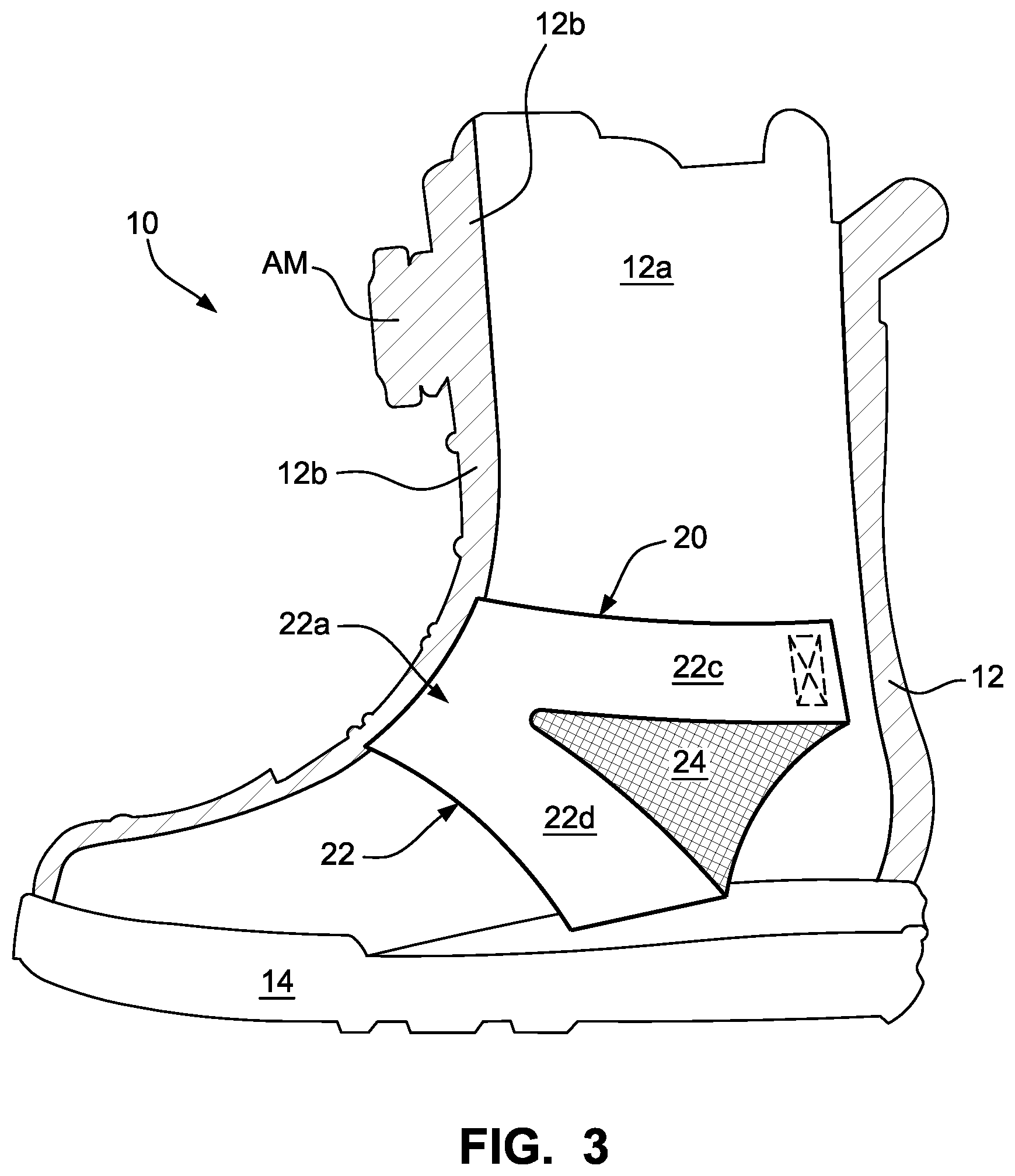 Patent US12303768 Figure 3 – Sports boot with integrated ankle compression system