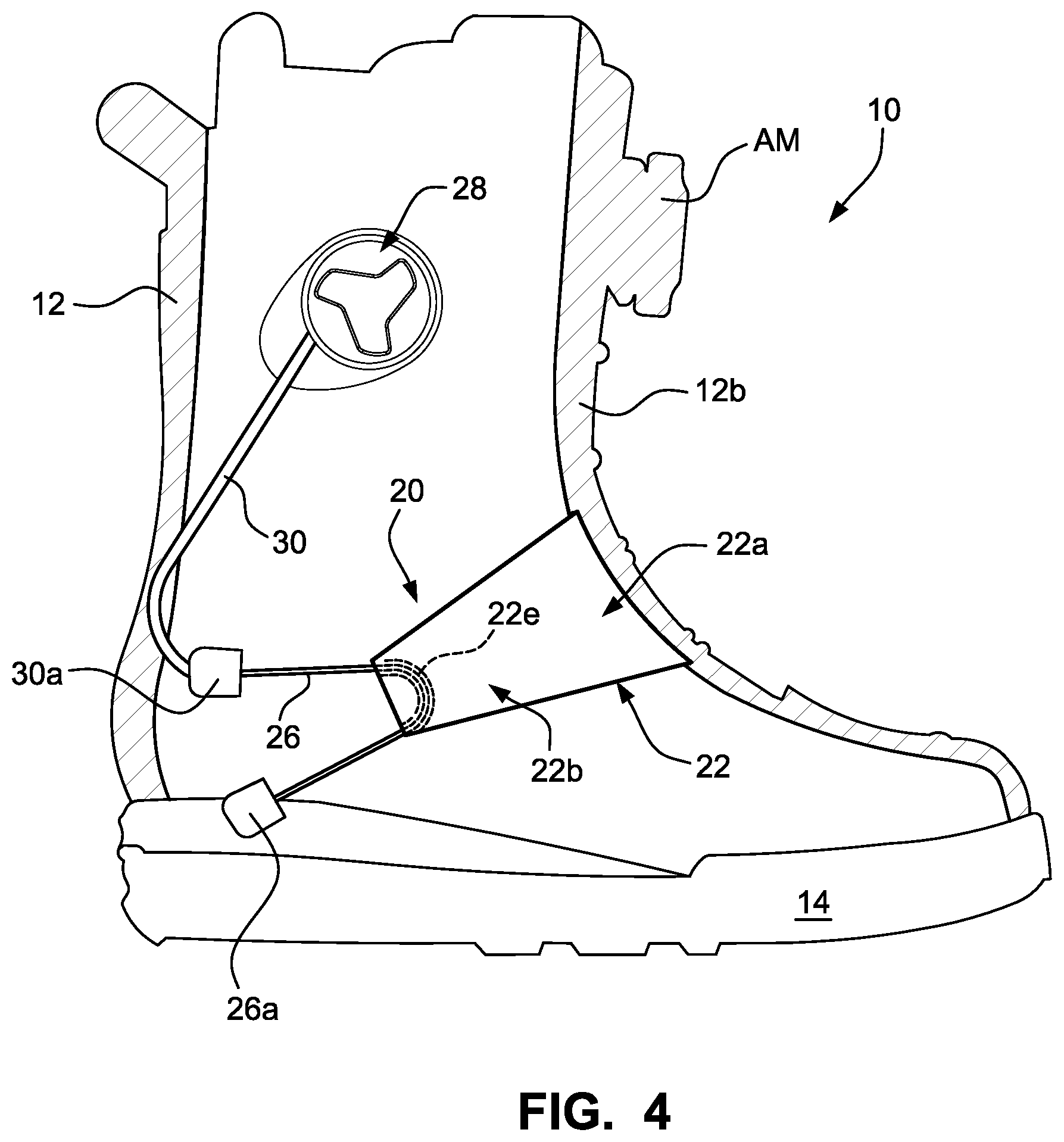 Patent US12303768 Figure 4 – Sports boot with integrated ankle compression system