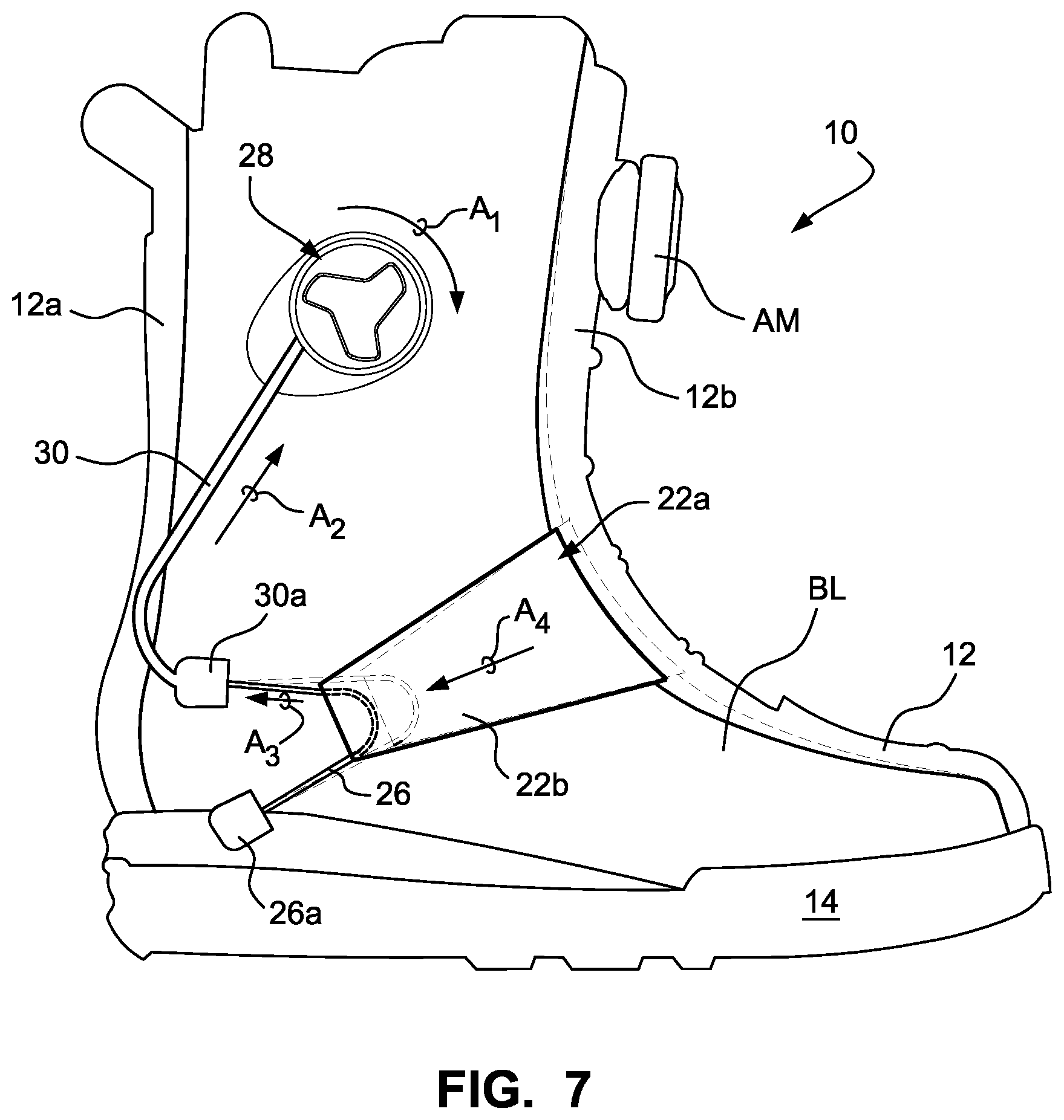 Patent US12303768 Figure 7 – Sports boot with integrated ankle compression system