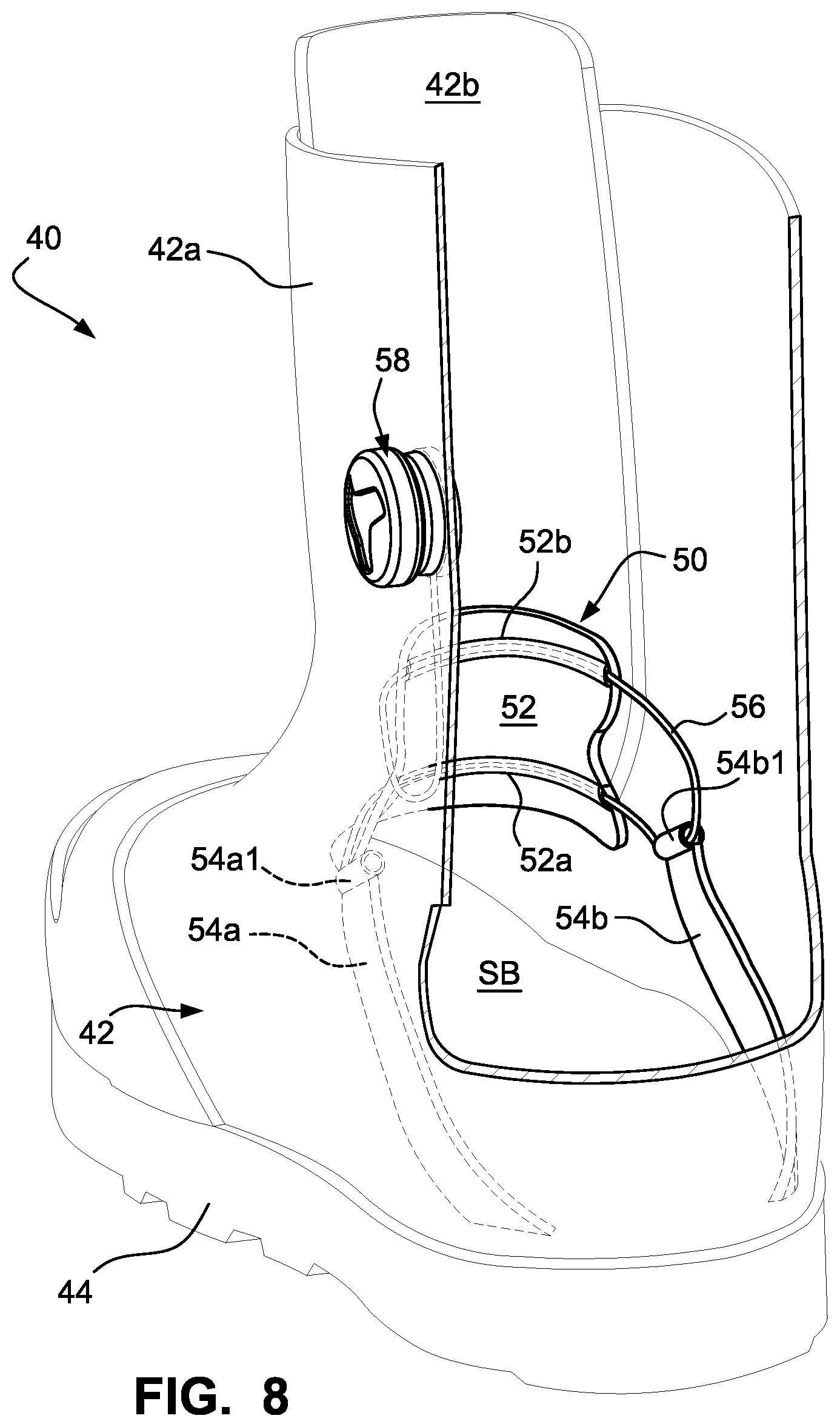Patent US12303768 Figure 8 – Sports boot with integrated ankle compression system
