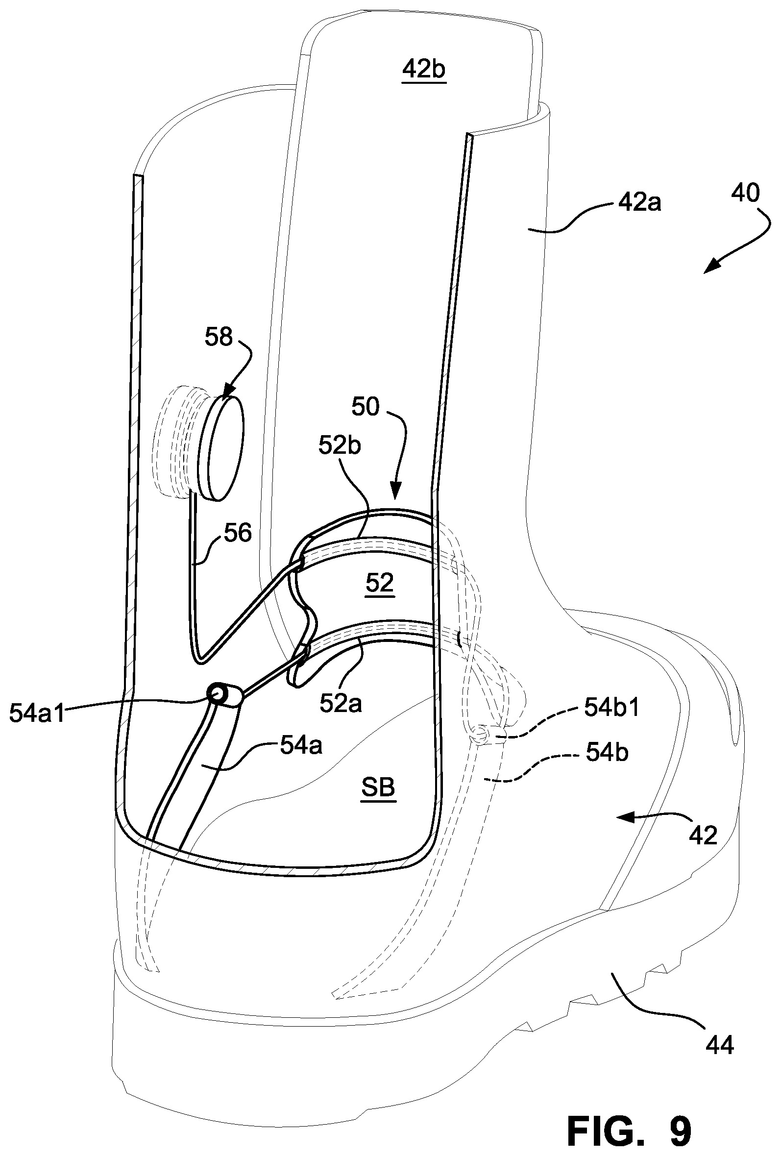 Patent US12303768 Figure 9 – Sports boot with integrated ankle compression system