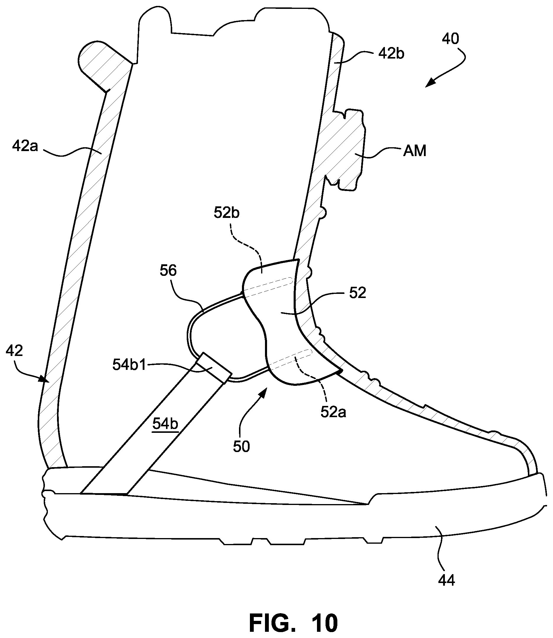 Patent US12303768 Figure 10 – Sports boot with integrated ankle compression system