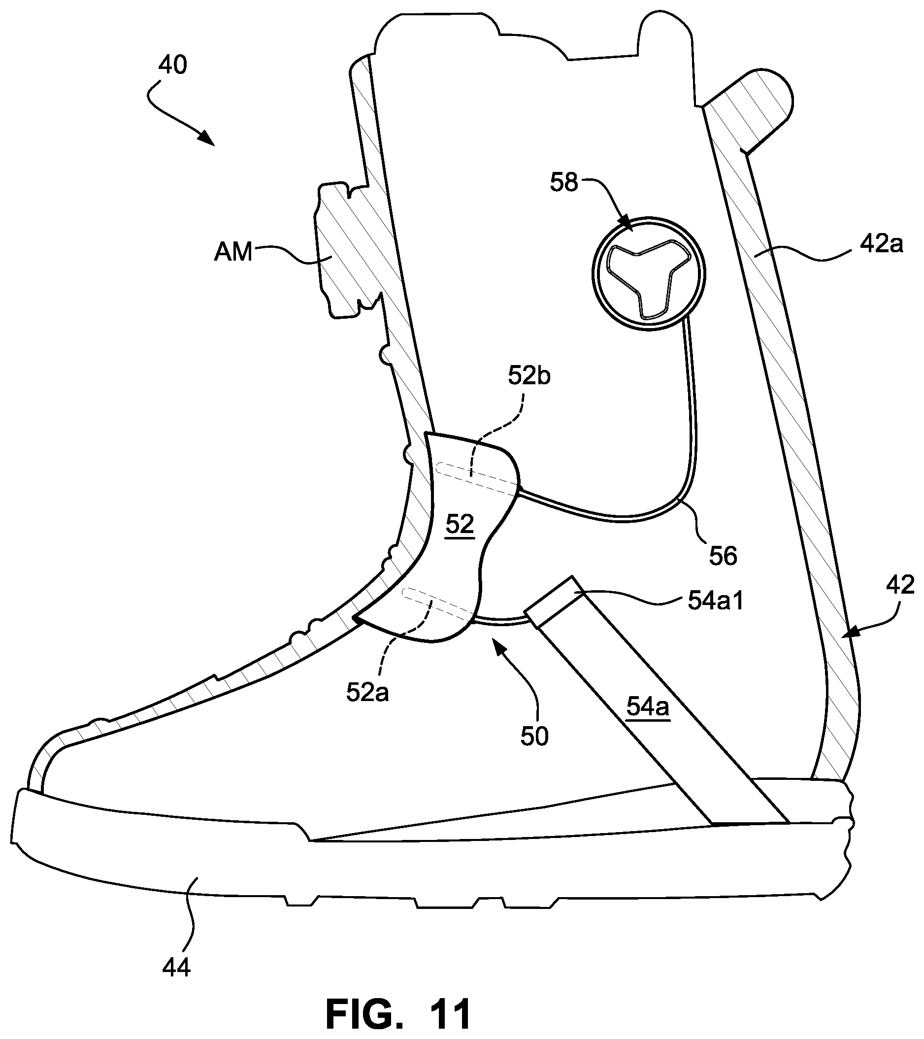 Patent US12303768 Figure 11 – Sports boot with integrated ankle compression system