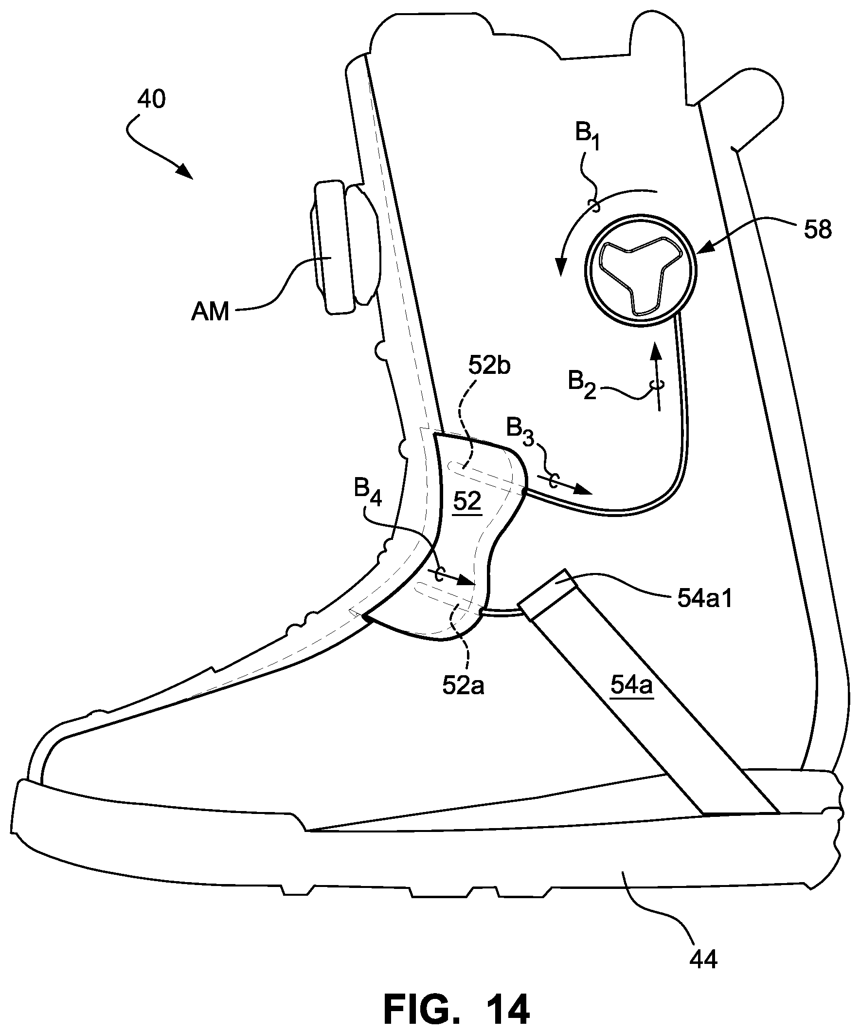 Patent US12303768 Figure 14 – Sports boot with integrated ankle compression system