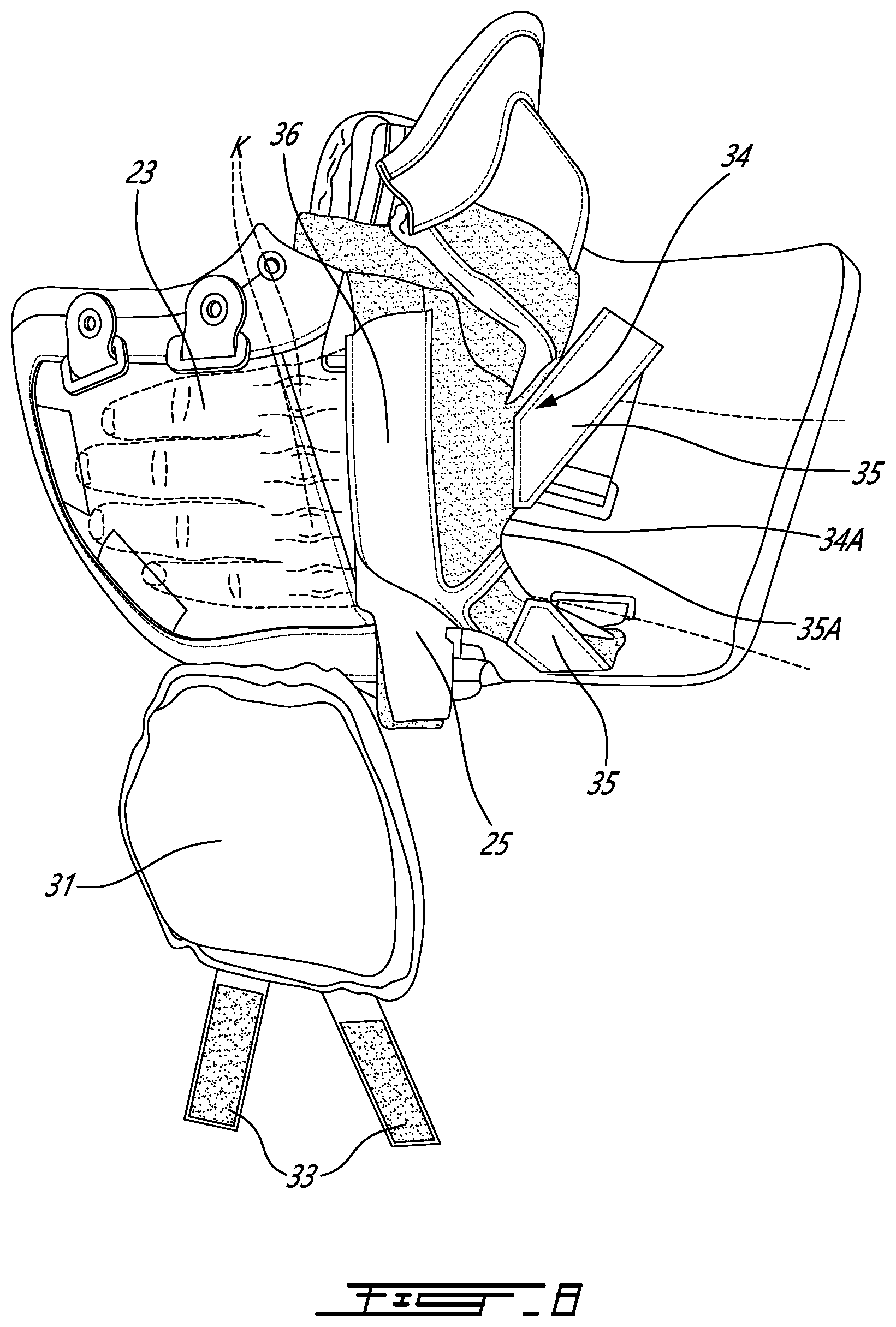 Patent US12303769 Figure 8 – Hockey goaltender glove