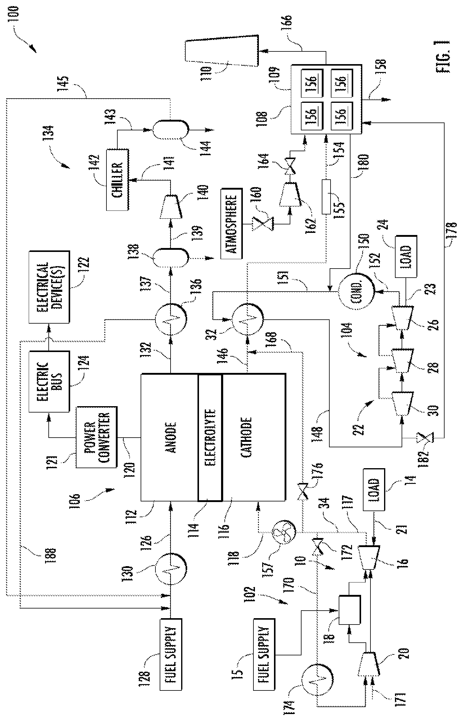 Patent US12303830 Figure 1 – Combustion system having a fuel cell and a carbon capture system