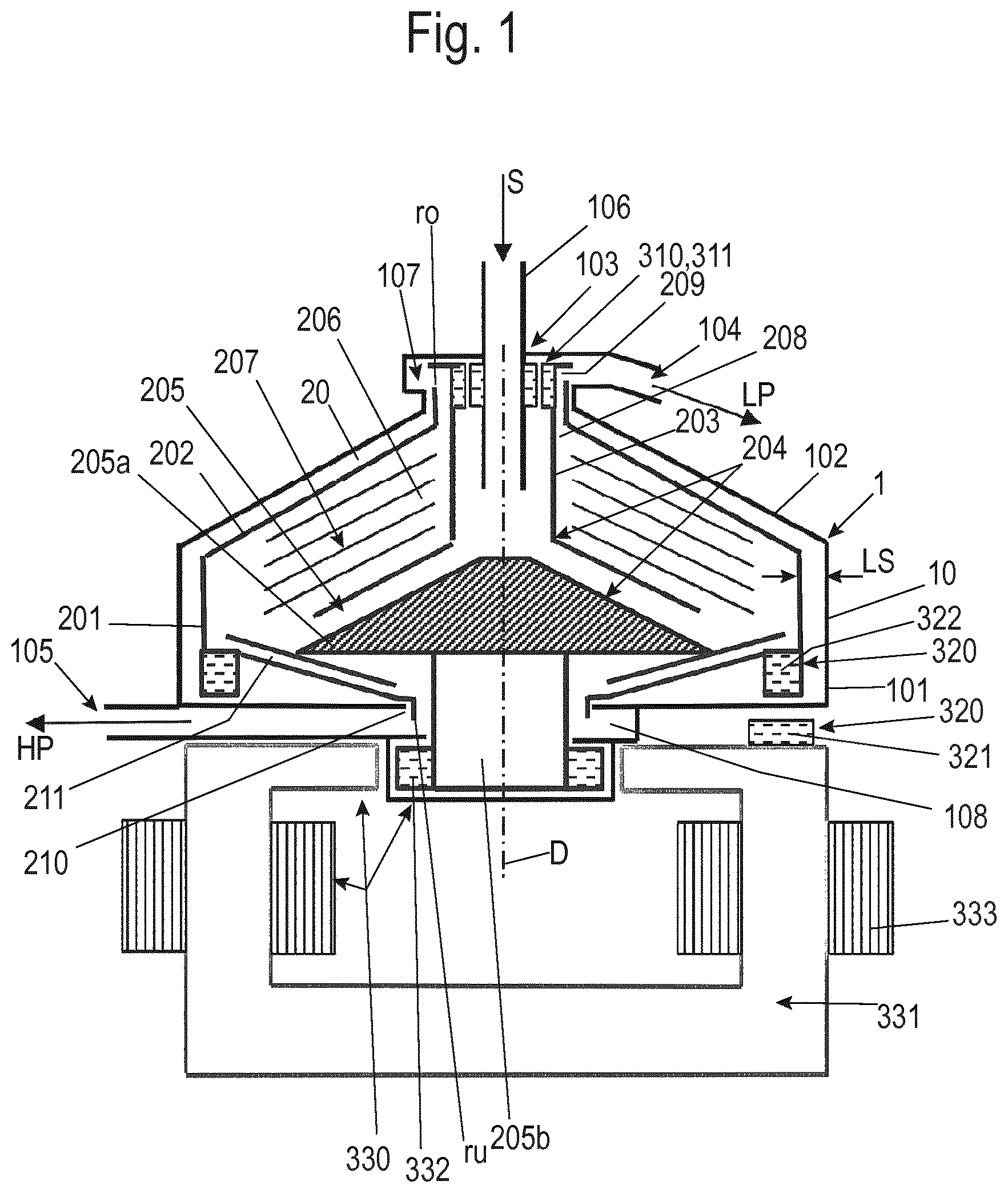 Patent US12303918 — Separator for separating a flowable suspension into two flowable phases of different density — Figure 1