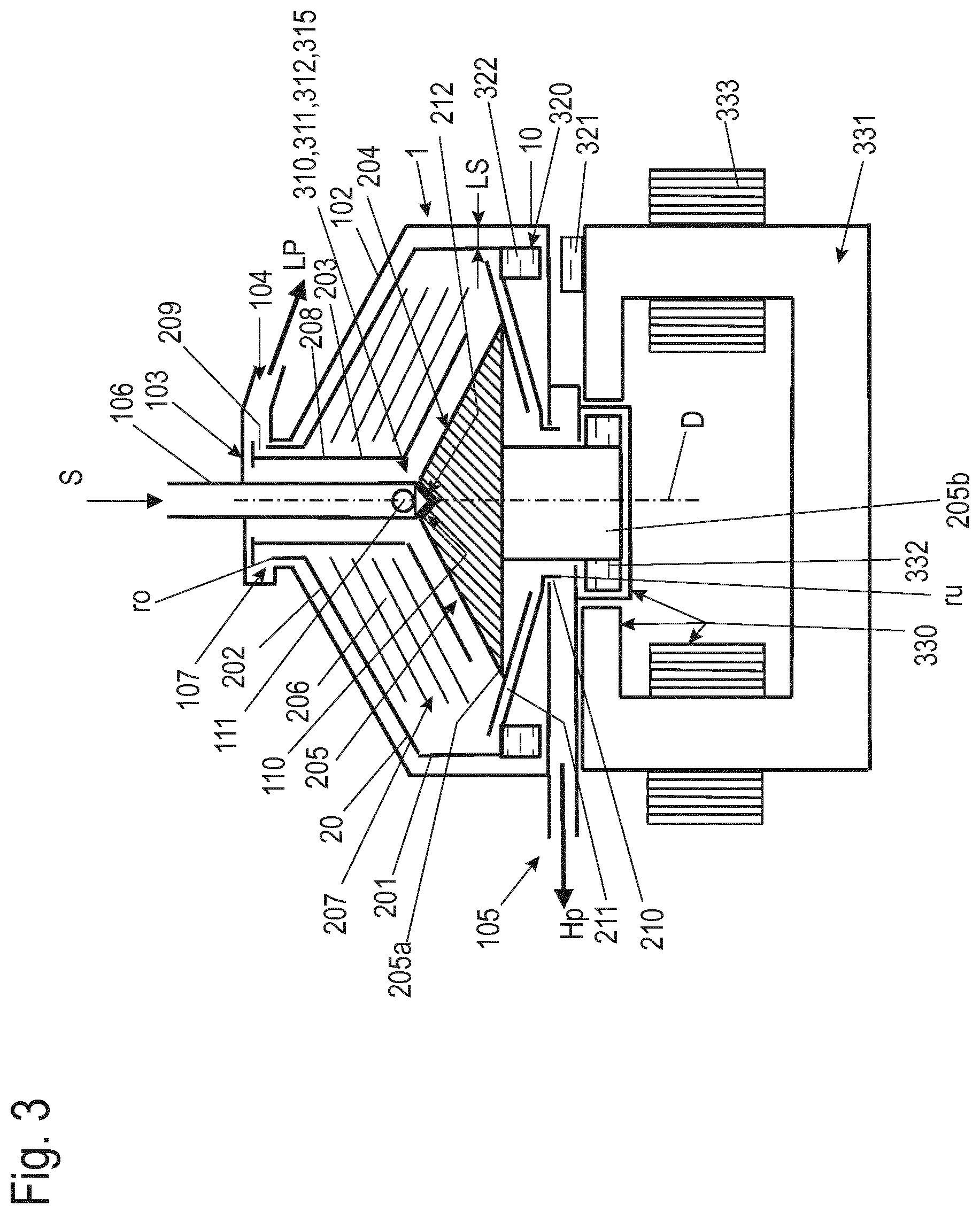 Patent US12303918 Figure 3 – Separator for separating a flowable suspension into two flowable phases of different density