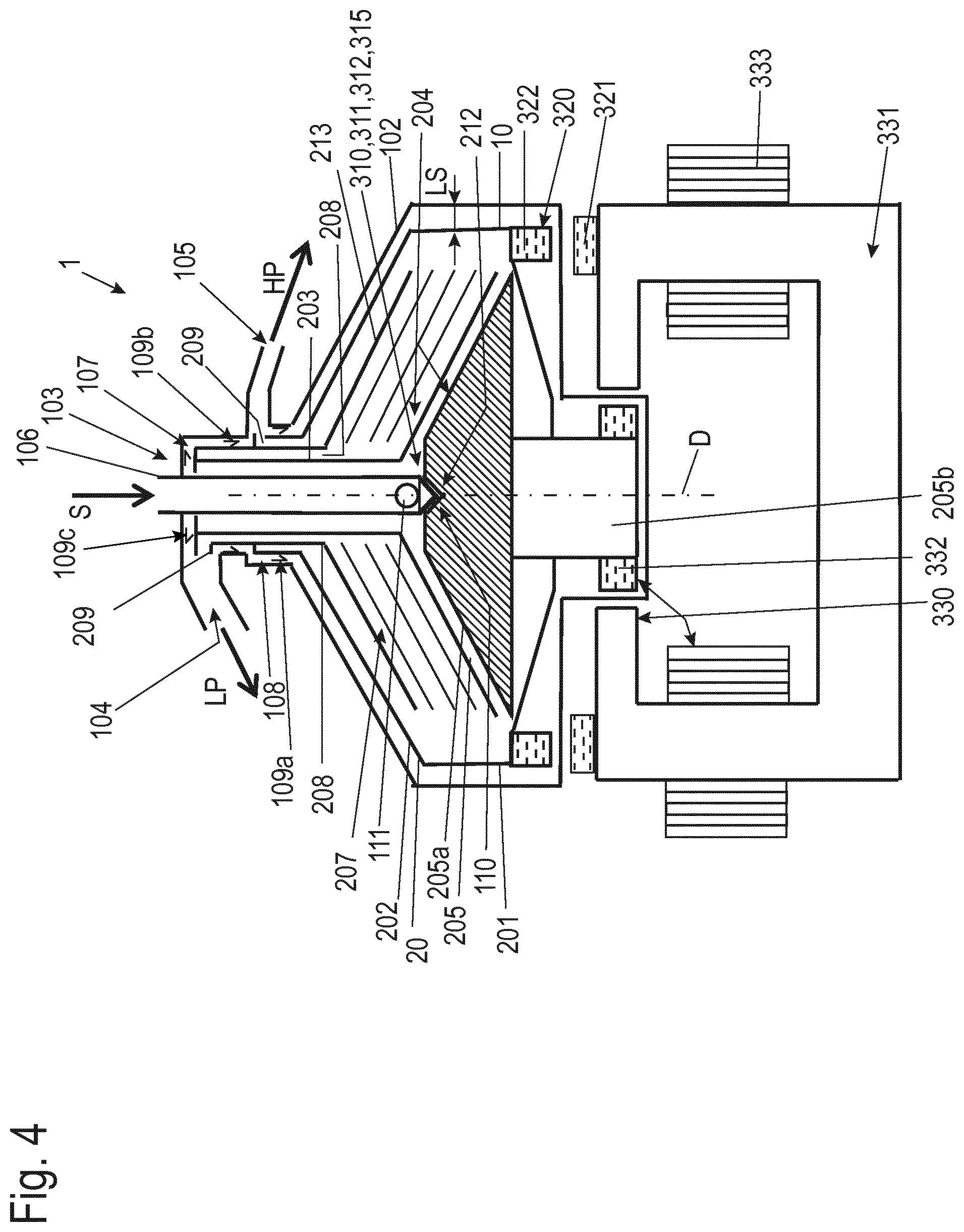 Patent US12303918 Figure 4 – Separator for separating a flowable suspension into two flowable phases of different density