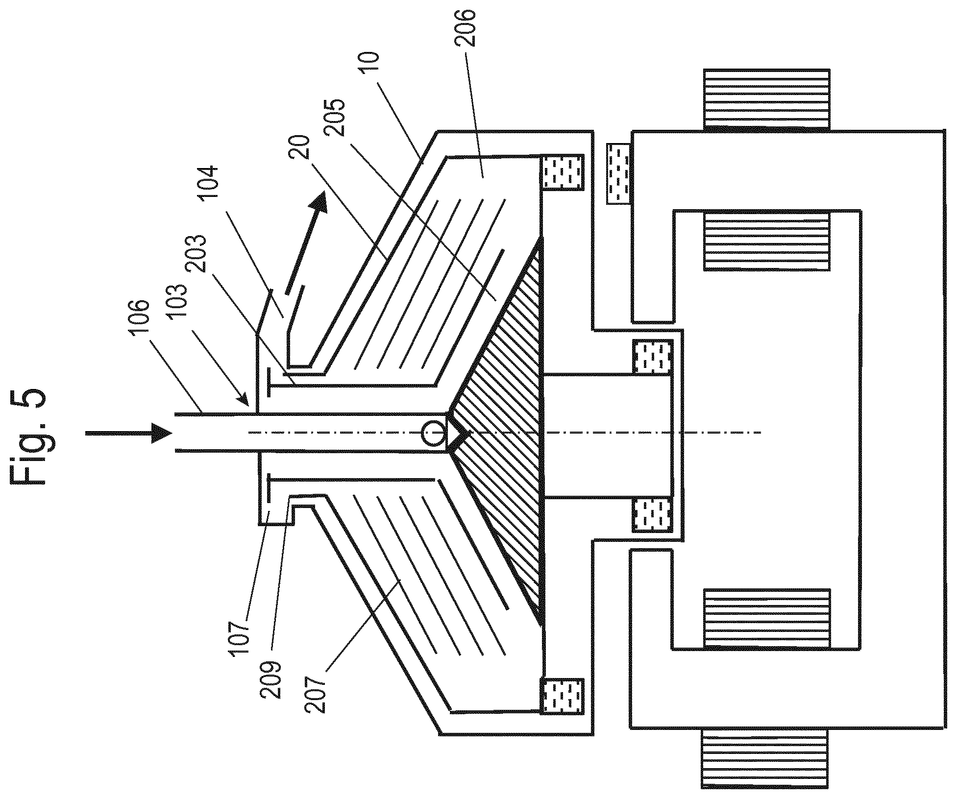 Patent US12303918 Figure 5 – Separator for separating a flowable suspension into two flowable phases of different density